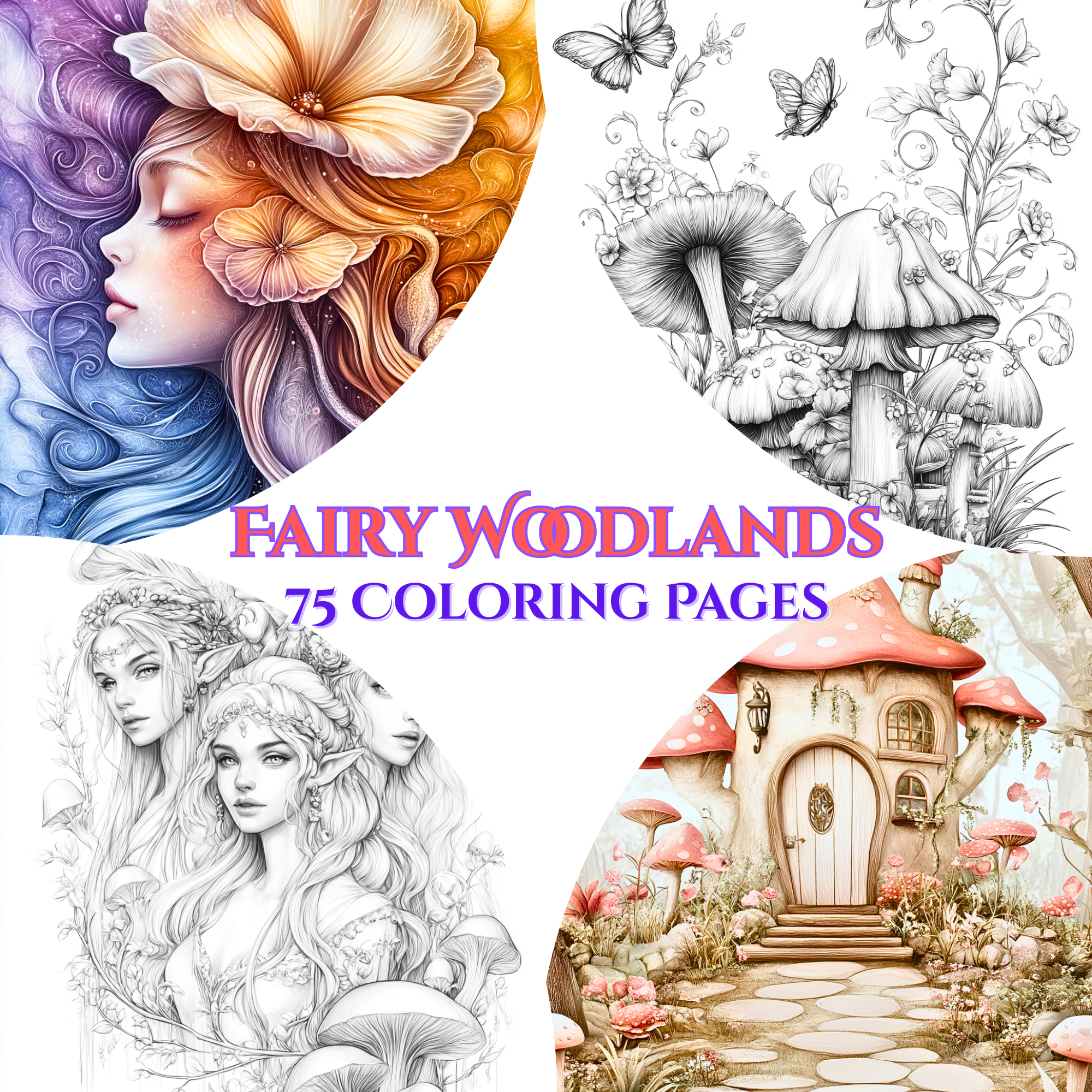 Fairy Woodlands – 75 Magical Forest Coloring Pages | Enchanted Fairyland Printable Adult Coloring Book | Instant Download PDF