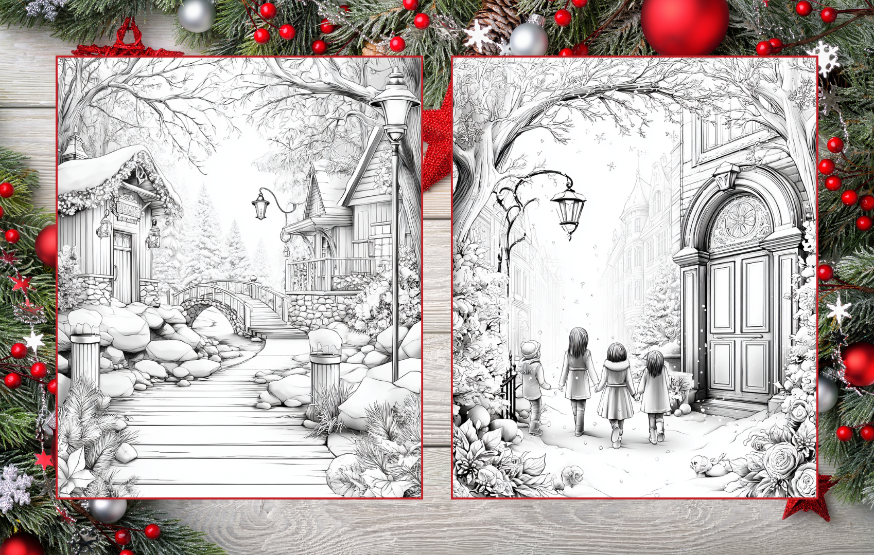 Christmas Magic – 50 Festive Holiday Coloring Pages | Digital Download PDF | Cozy Winter Scenes, Santa, Snowmen, Ornaments & More