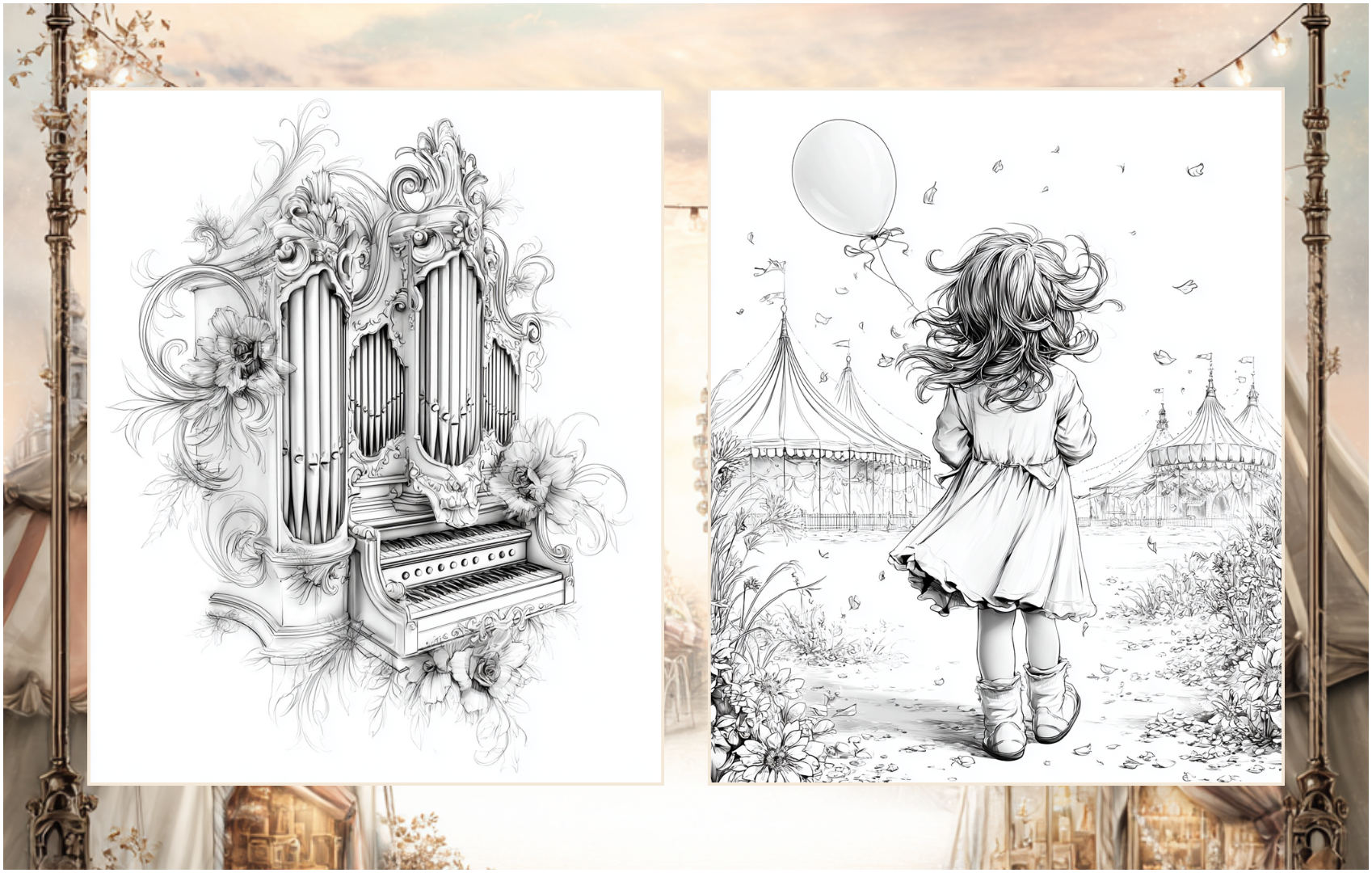 Vintage Carnival – A Whimsical Coloring Journey | 50 Nostalgic Circus & Fairground Pages | PDF Download