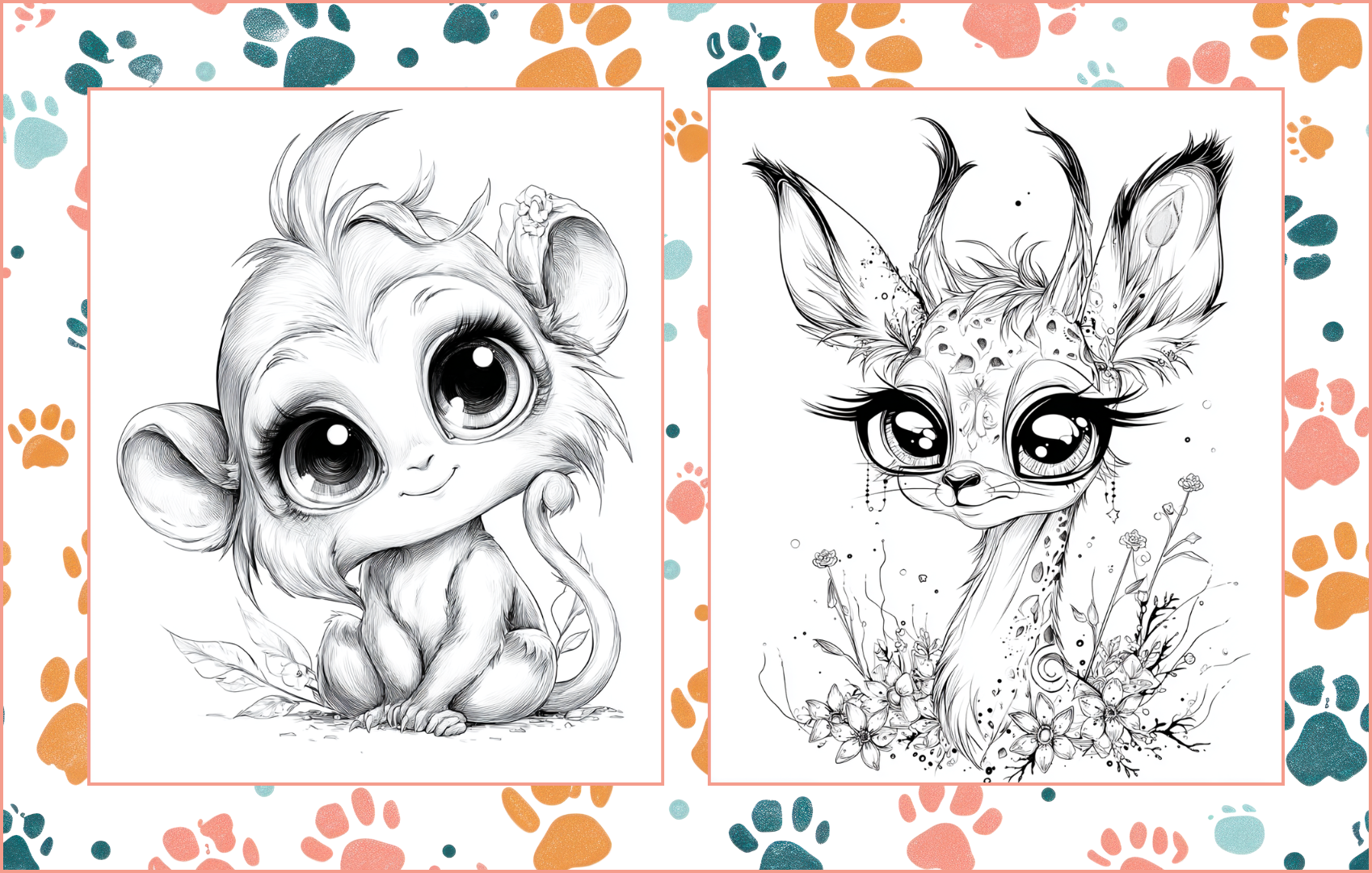 Big Eyed Babies – 50 Cute Animal Coloring Pages PDF | Kawaii Printable Animal Art | Instant Digital Download for Kids & Adults