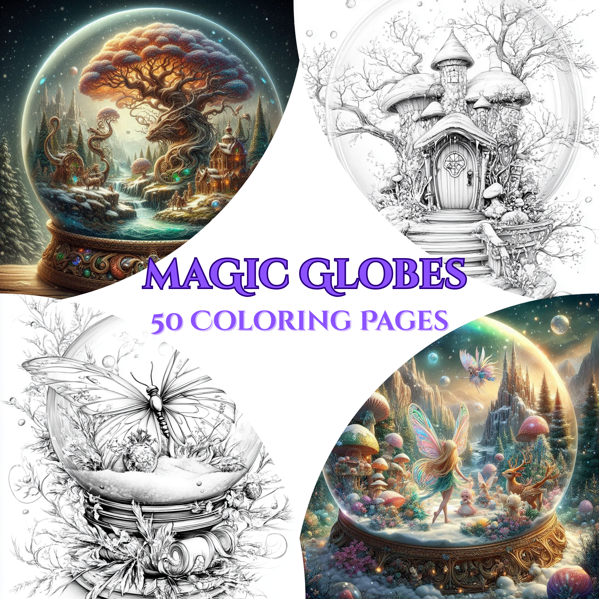 Magic Globes – 50 Whimsical Scenes Inside Snowglobes | Unique Adult Coloring Book