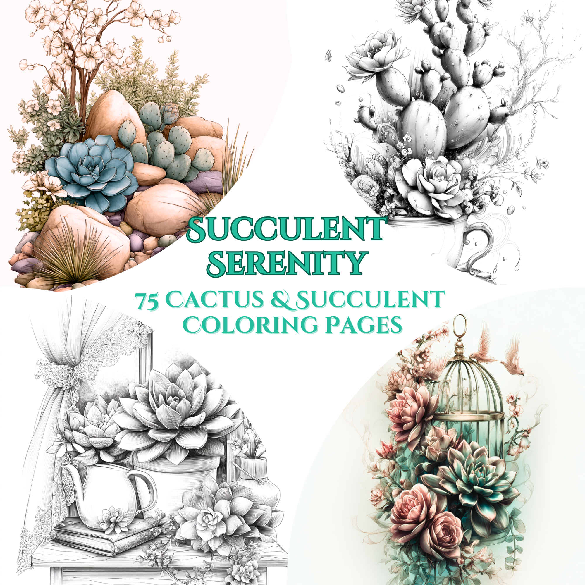 Succulent Serenity - 75 Unique Cactus & Succulent Coloring Pages for Adults