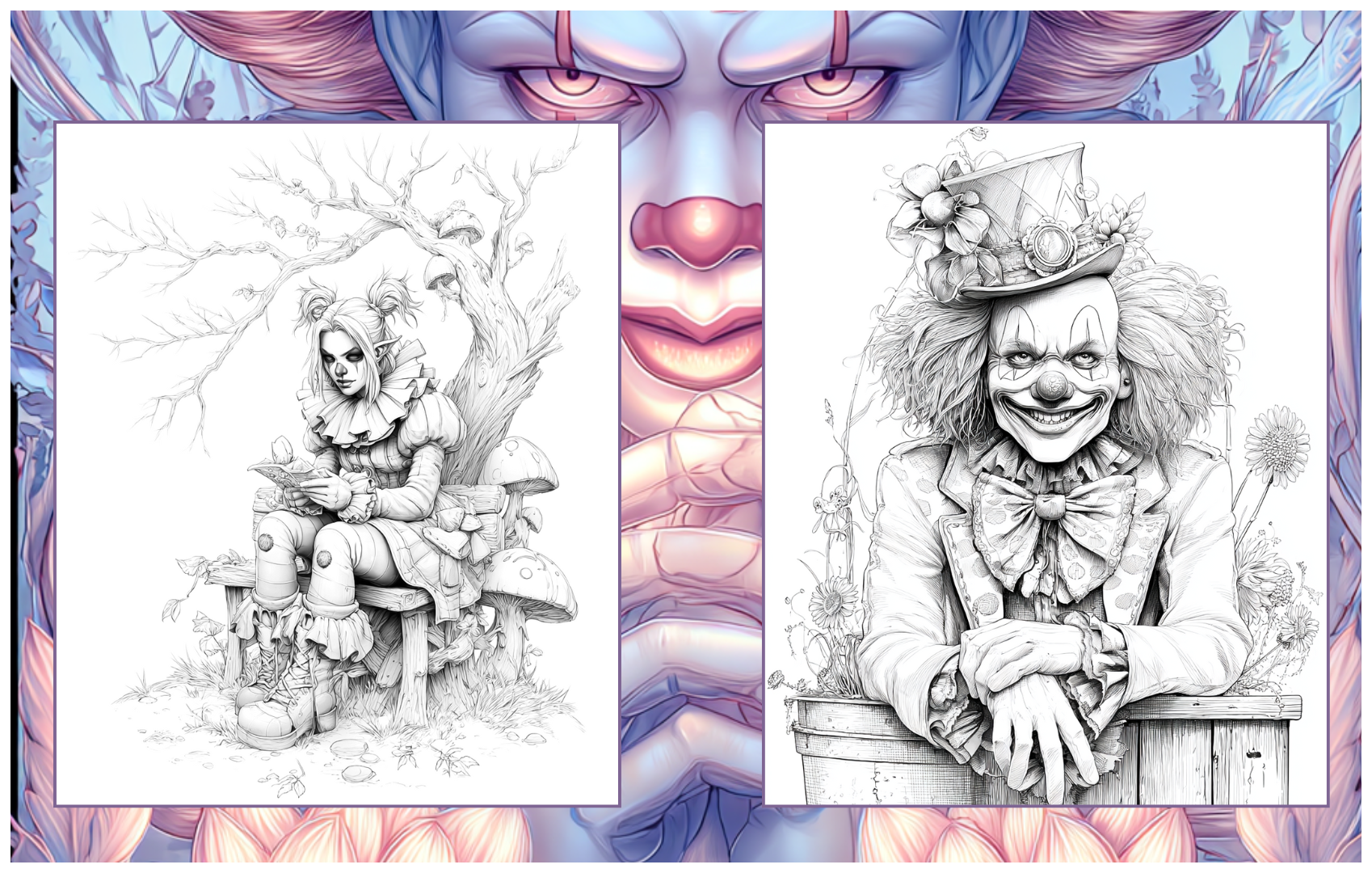 Grins & Shadows – The Many Moods of Clowns: 50 Clown Coloring Pages Paperback 