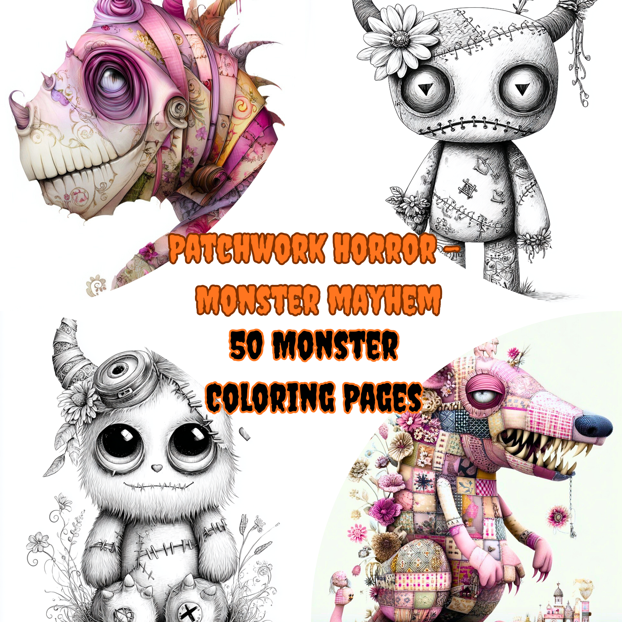 Patchwork Horrors: Monster Mayhem Edition - 50 creepy coloring pages