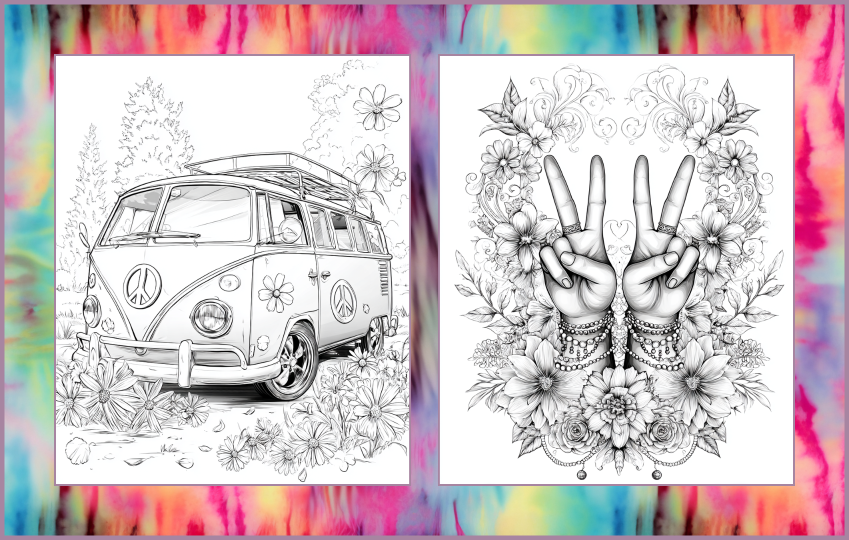 Peace, Love, & Flowers Volume II – 50 Funky Hippie Coloring Pages | Retro 70s Coloring Book | Digital Download for Adults and Teens