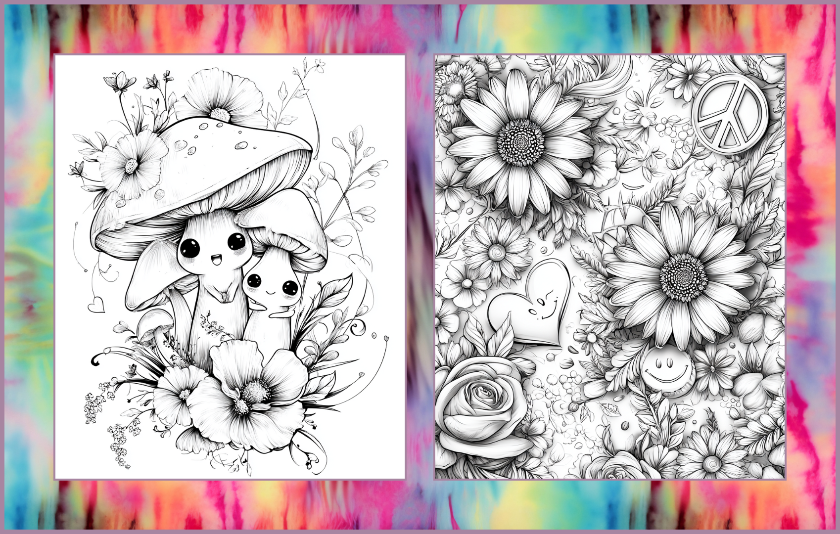 Peace, Love, & Flowers Volume II – 50 Funky Hippie Coloring Pages | Retro 70s Coloring Book | Digital Download for Adults and Teens