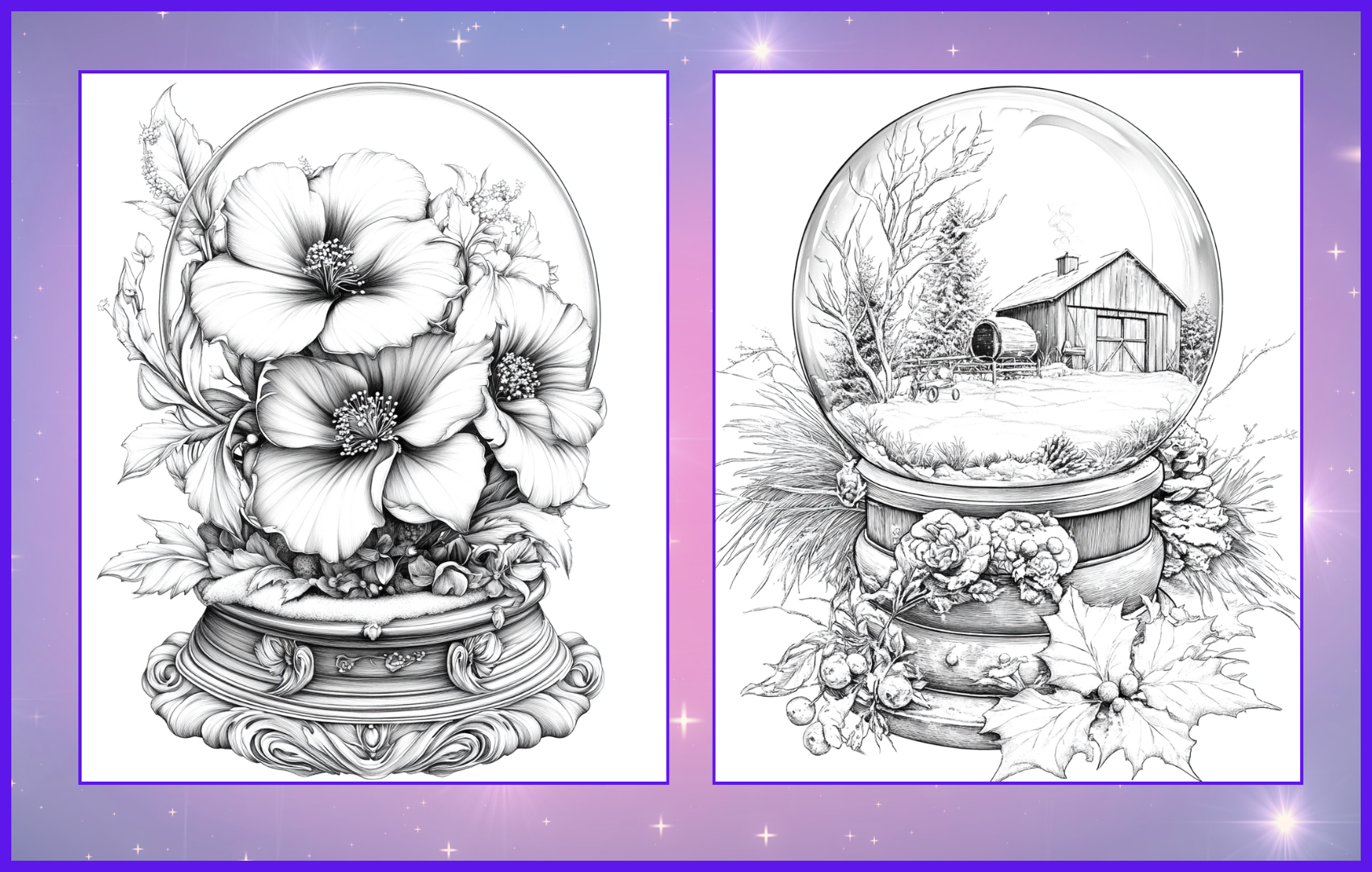 Magic Globes – 50 Whimsical Scenes Inside Snowglobes | Unique Adult Coloring Book