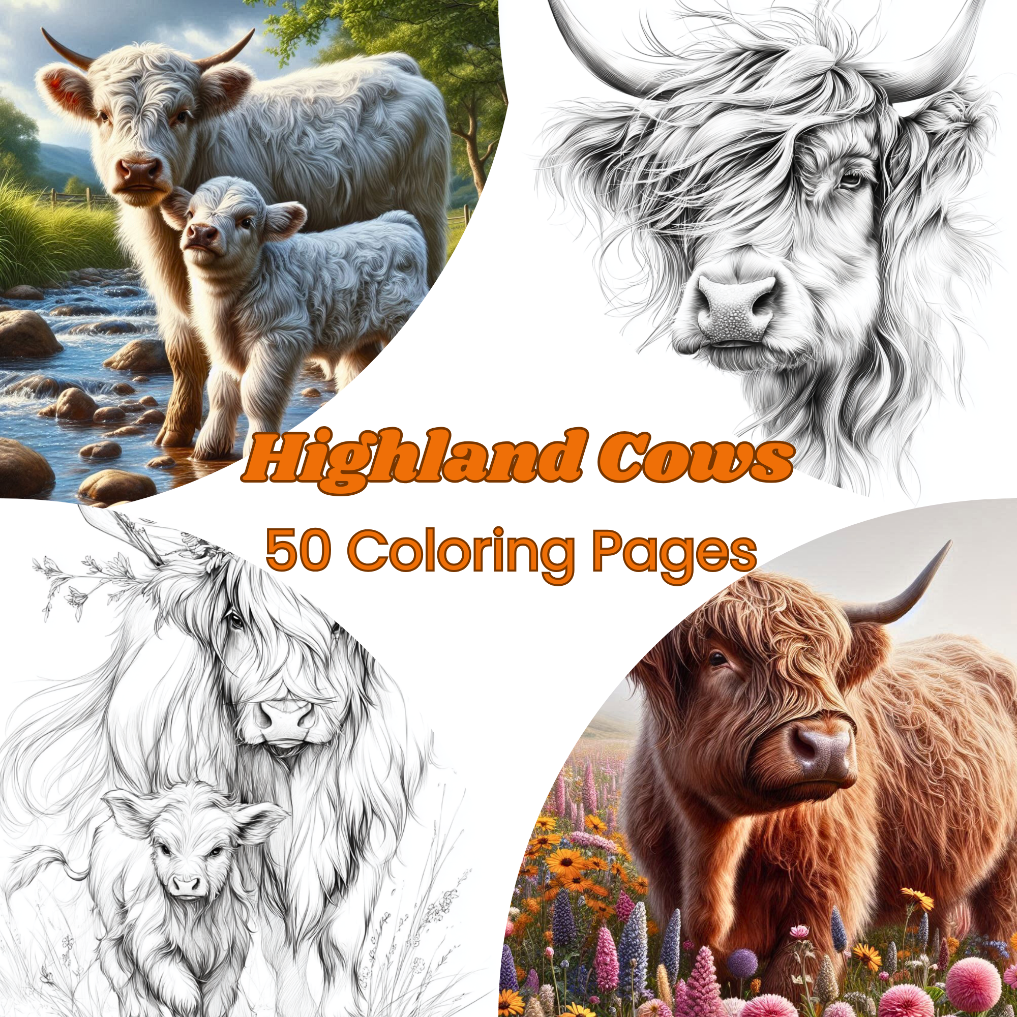 Highland Cow Coloring Book - 50 Printable Cow Pages for Adults, Rustic Farm Animal Coloring, Highland Cattle PDF Download