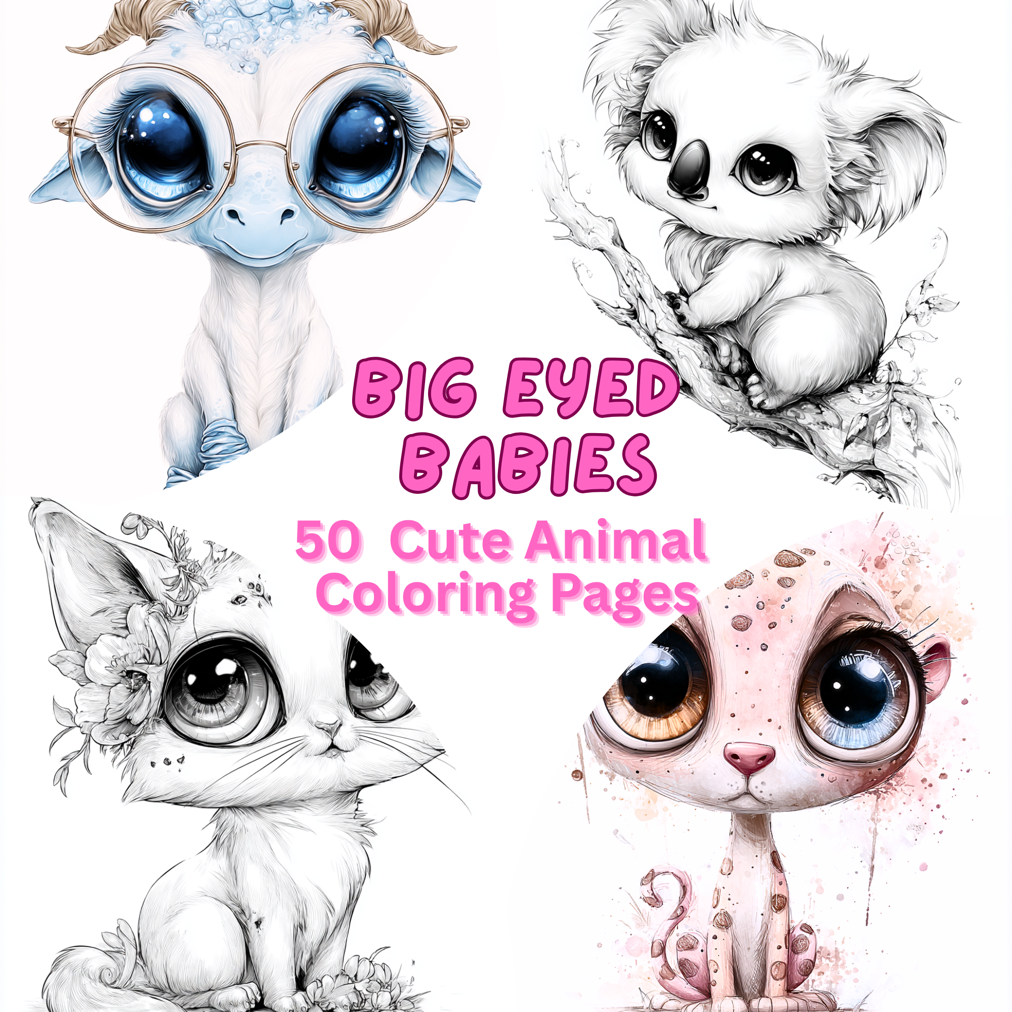 Big Eyed Babies – 50 Cute Animal Coloring Pages PDF | Kawaii Printable Animal Art | Instant Digital Download for Kids & Adults