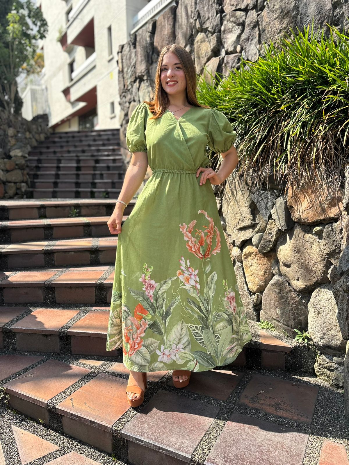 Vestido Largo Verde Floral