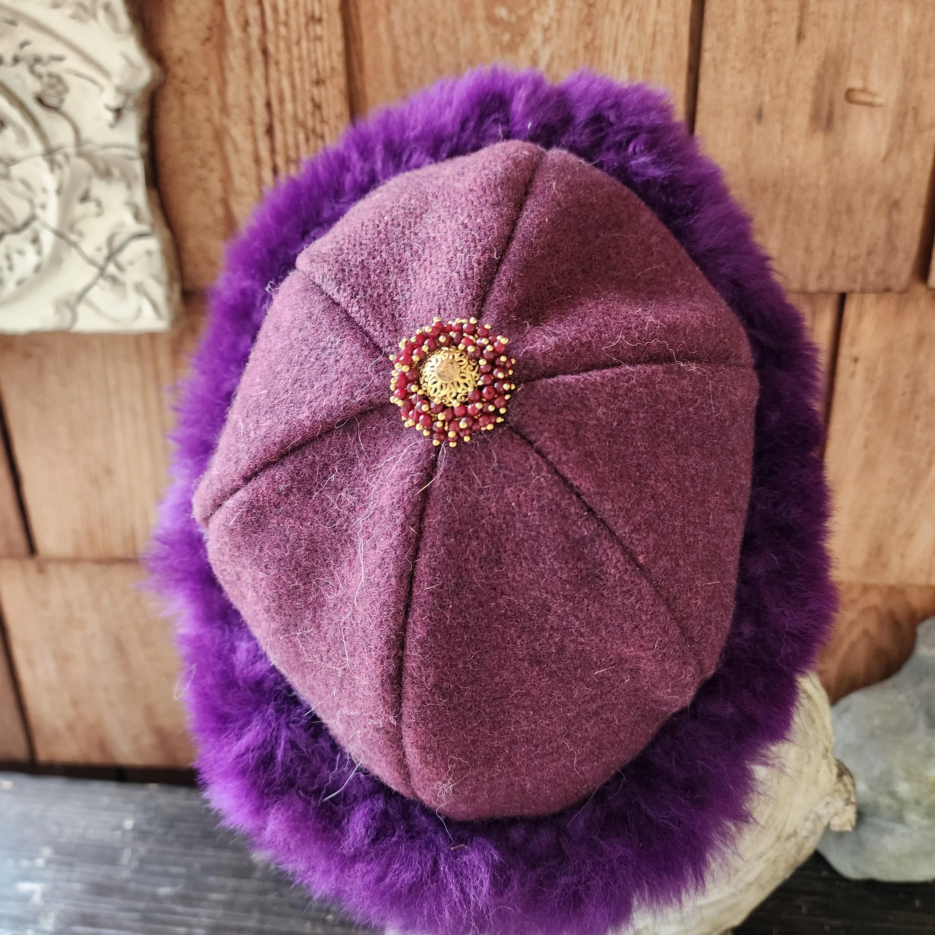 Mongolian, Cossack, Norse, Viking, Mongolian style fur hat, purple wool sheep skin
