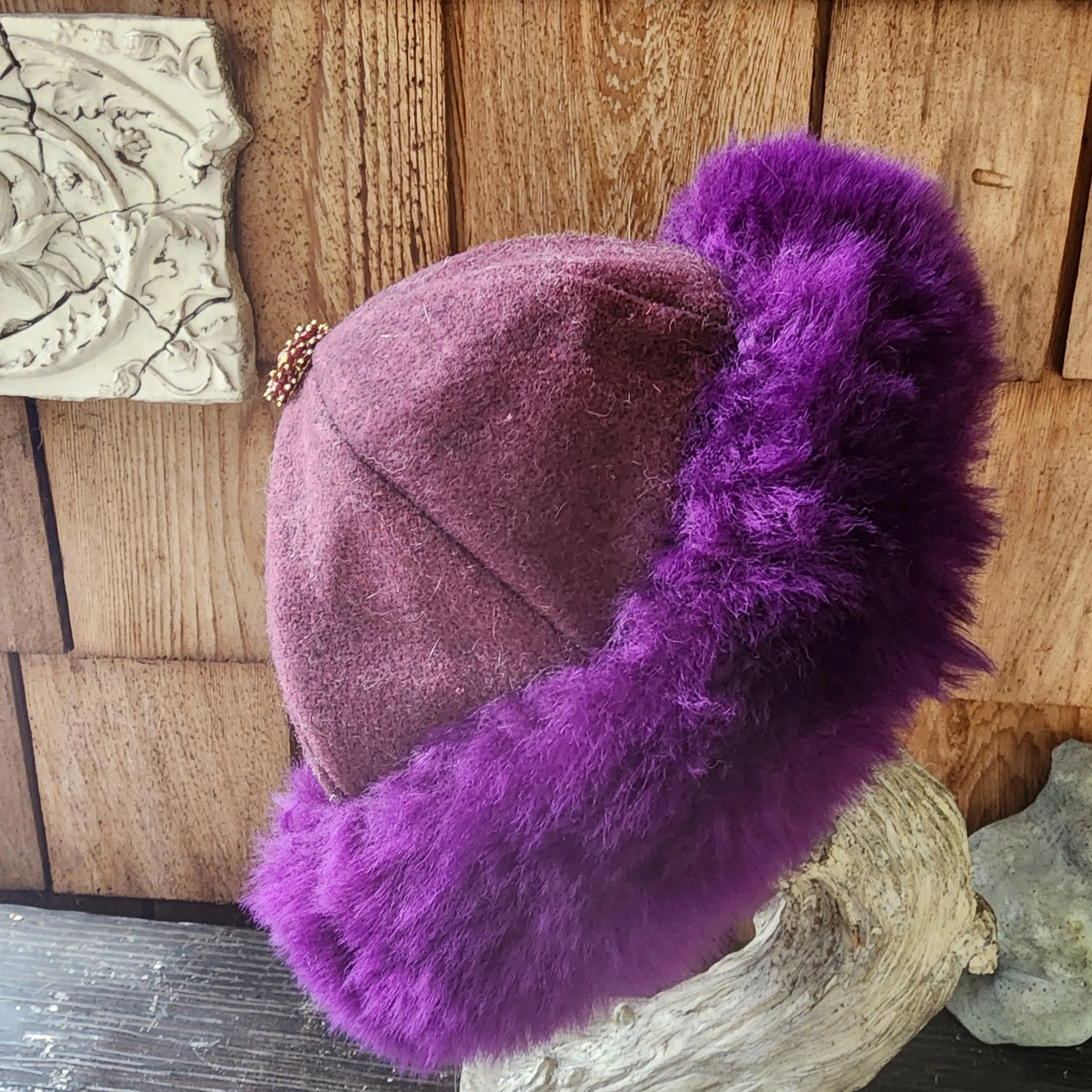 Mongolian, Cossack, Norse, Viking, Mongolian style fur hat, purple wool sheep skin