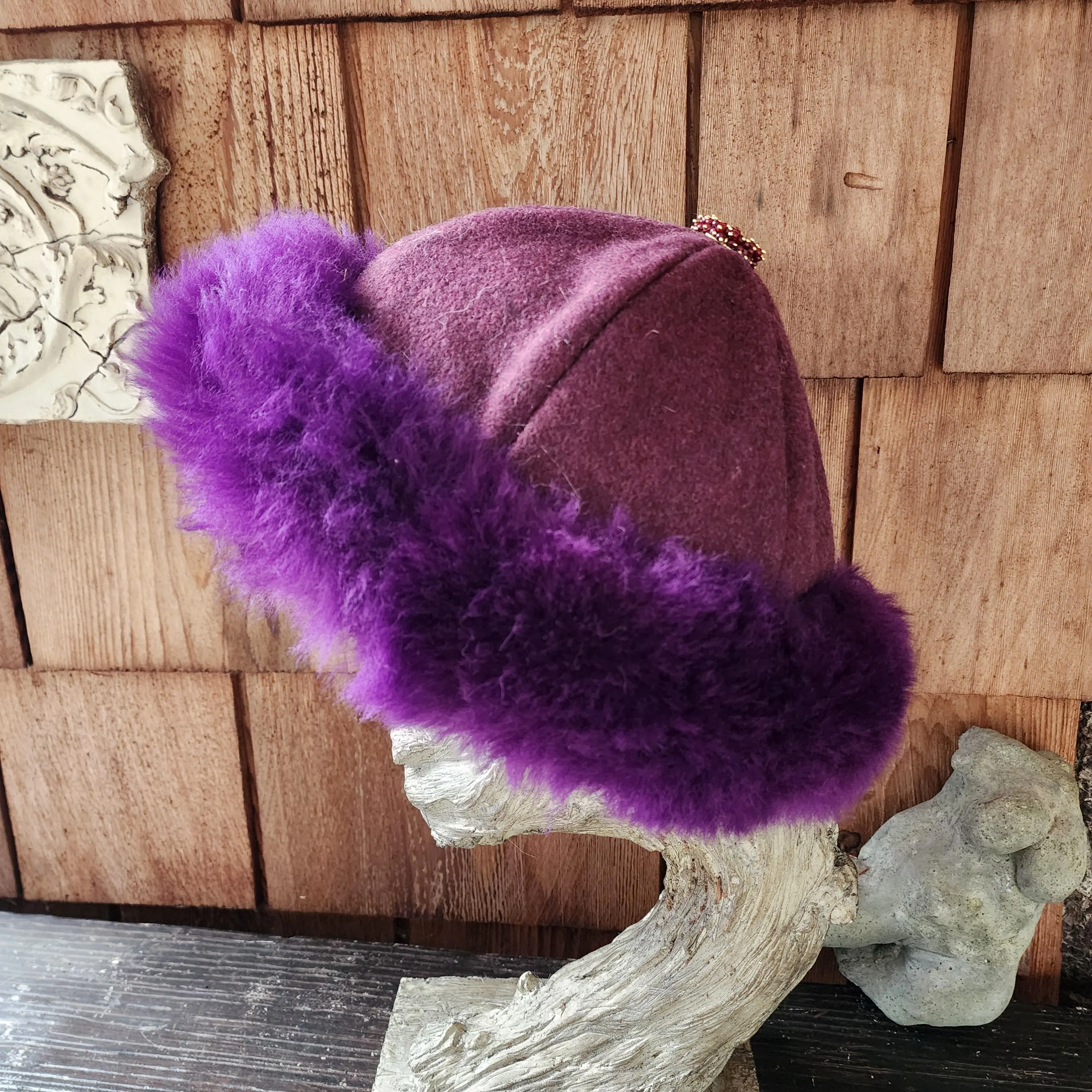 Mongolian, Cossack, Norse, Viking, Mongolian style fur hat, purple wool sheep skin