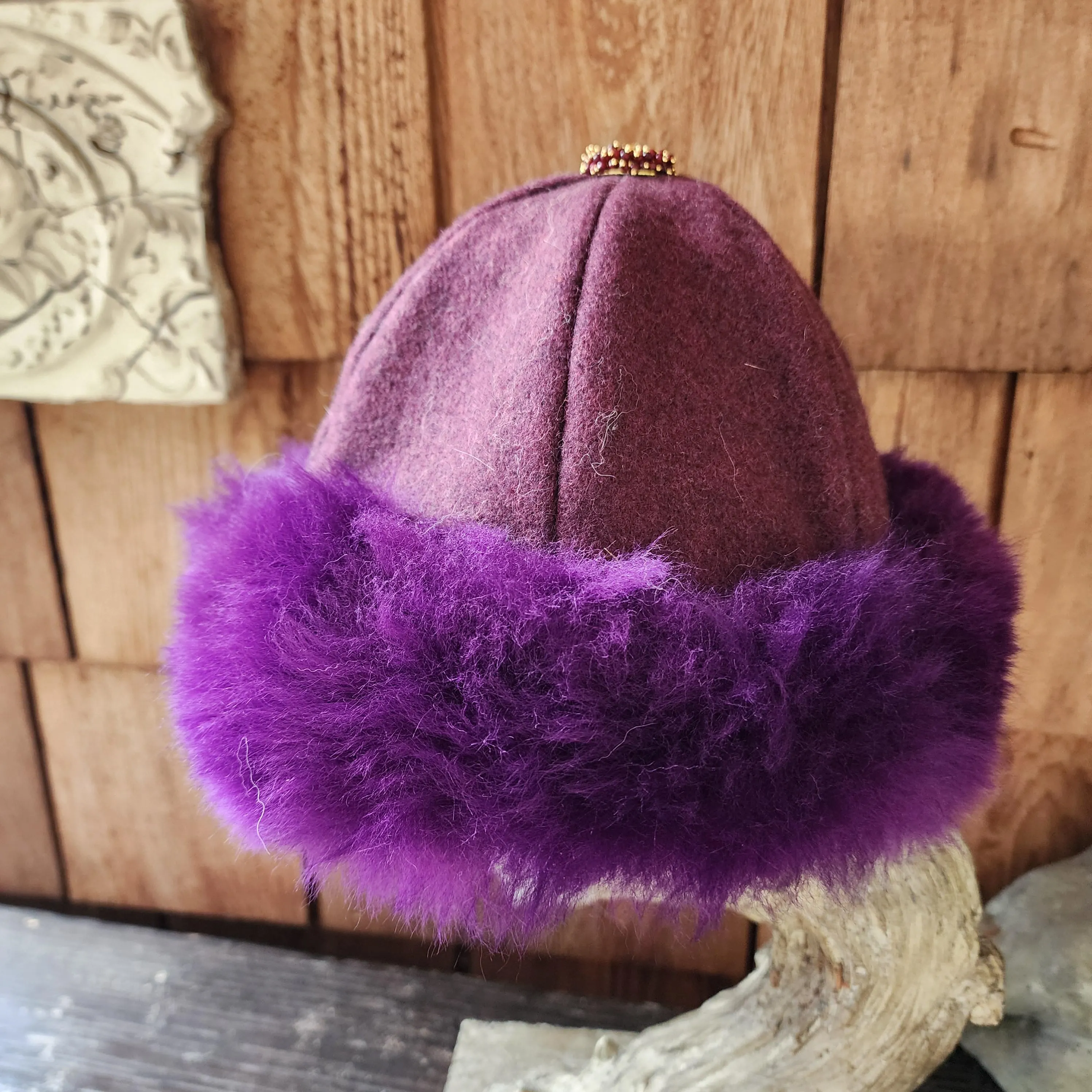 Mongolian, Cossack, Norse, Viking, Mongolian style fur hat, purple wool sheep skin