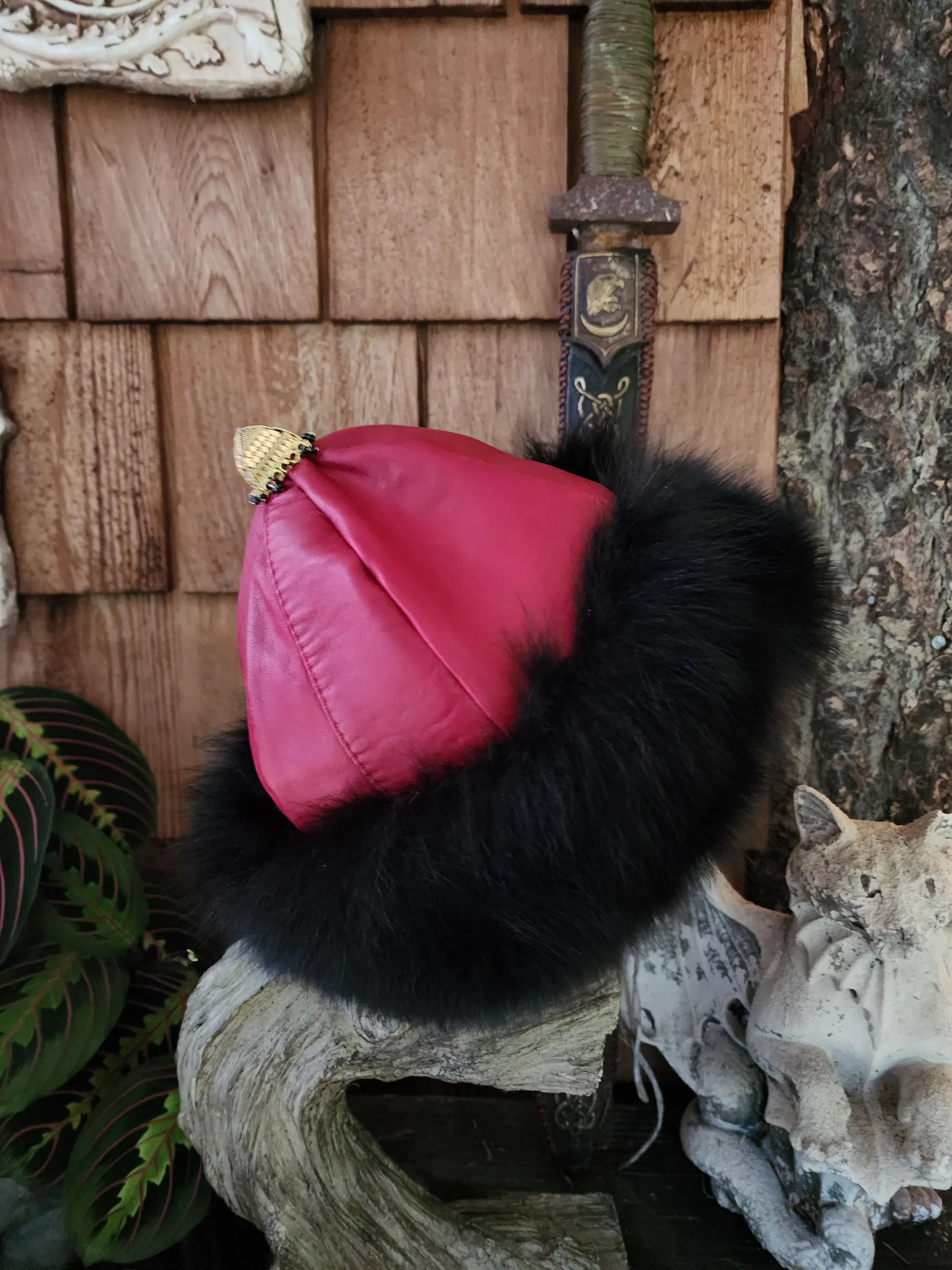 Mongolian, Cossack, Norse, Viking  style leather with black fox fur
