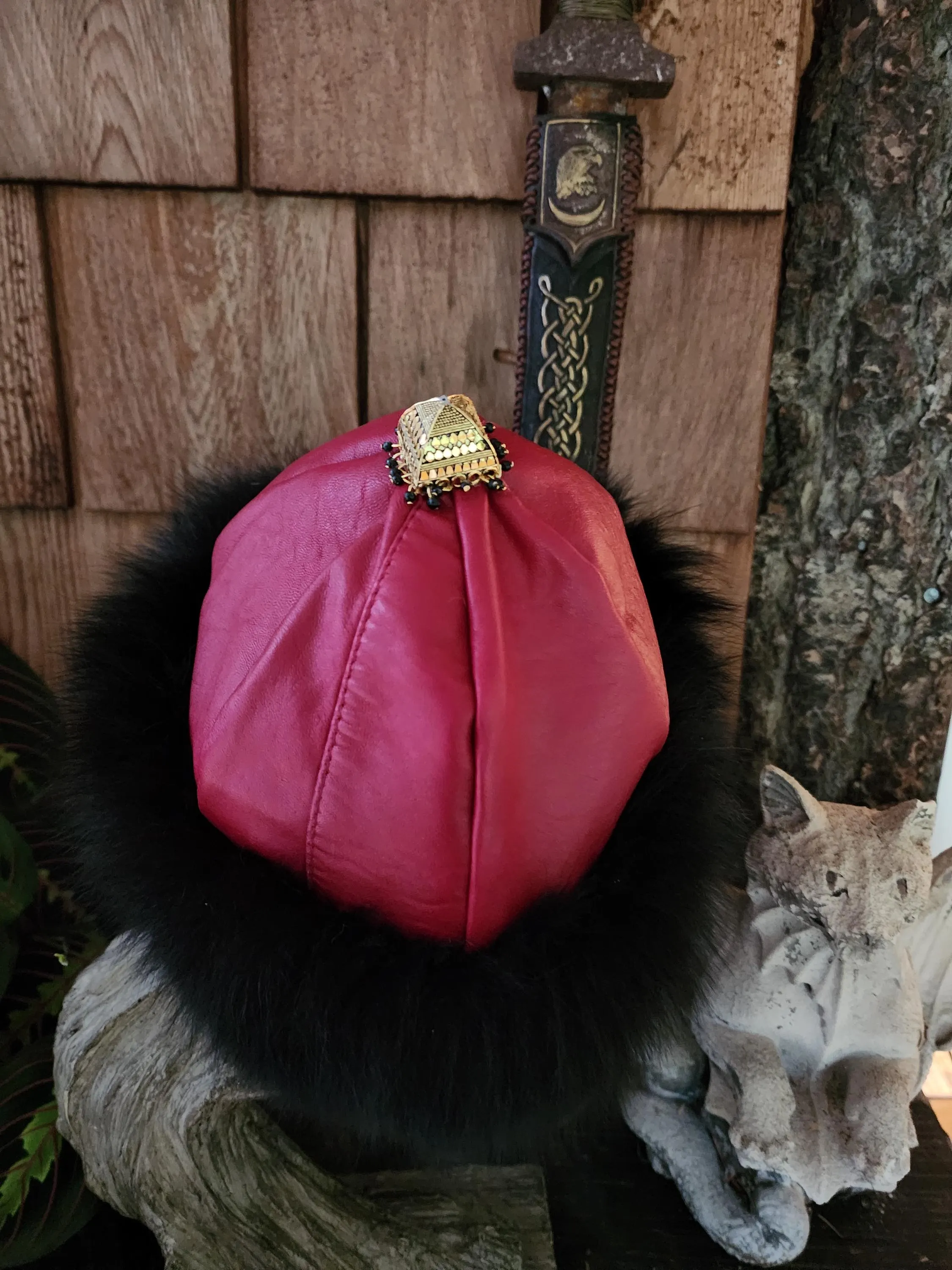 Mongolian, Cossack, Norse, Viking  style leather with black fox fur