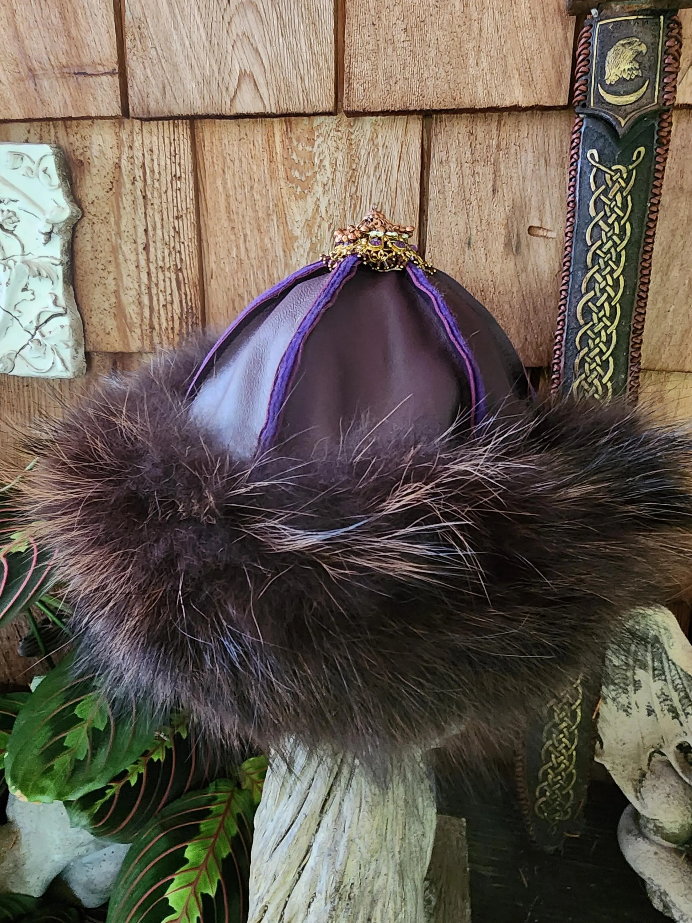 Mongolian, Cossack, Norse, Viking  style leather with black/purple fox fur