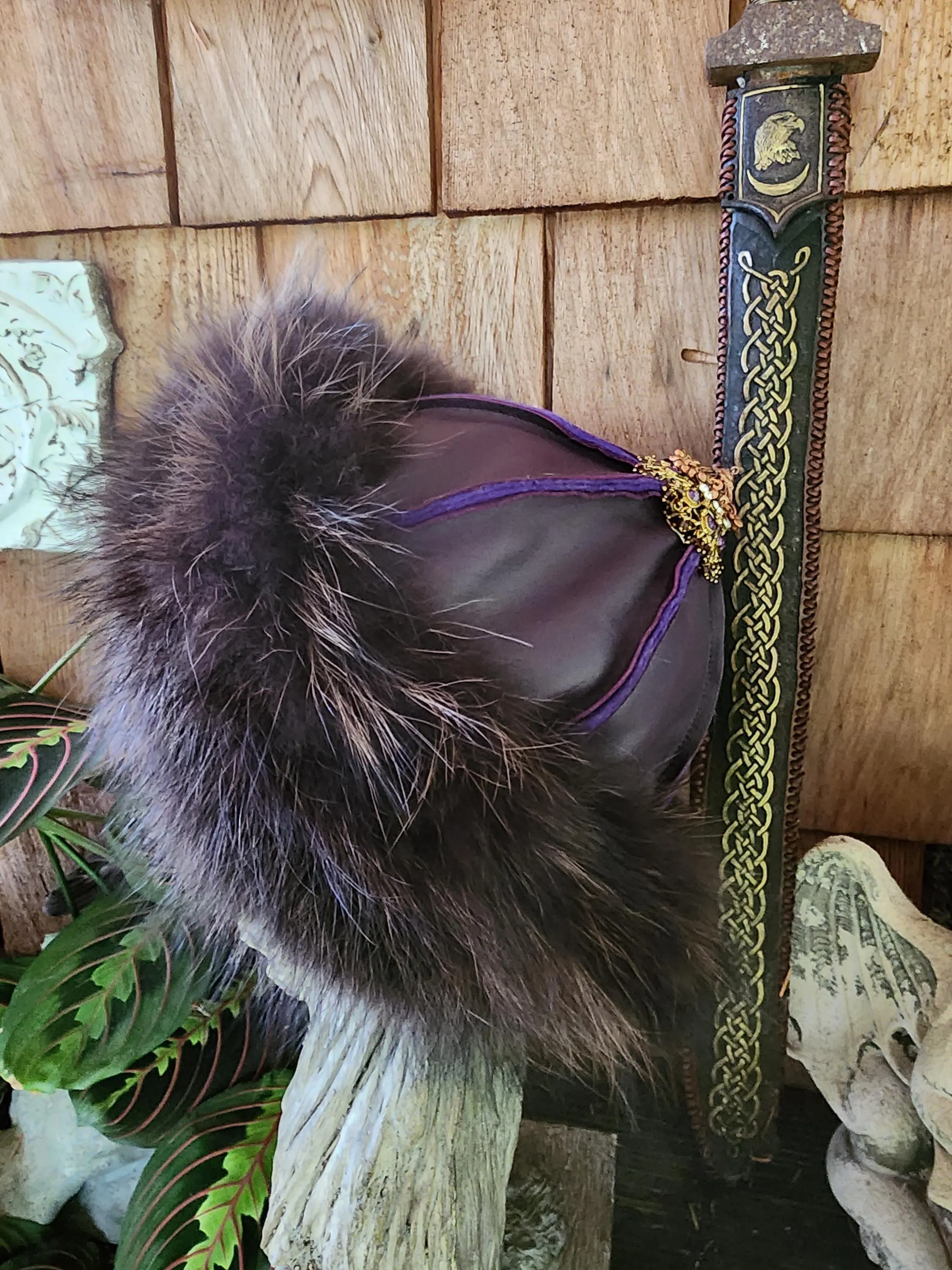 Mongolian, Cossack, Norse, Viking  style leather with black/purple fox fur