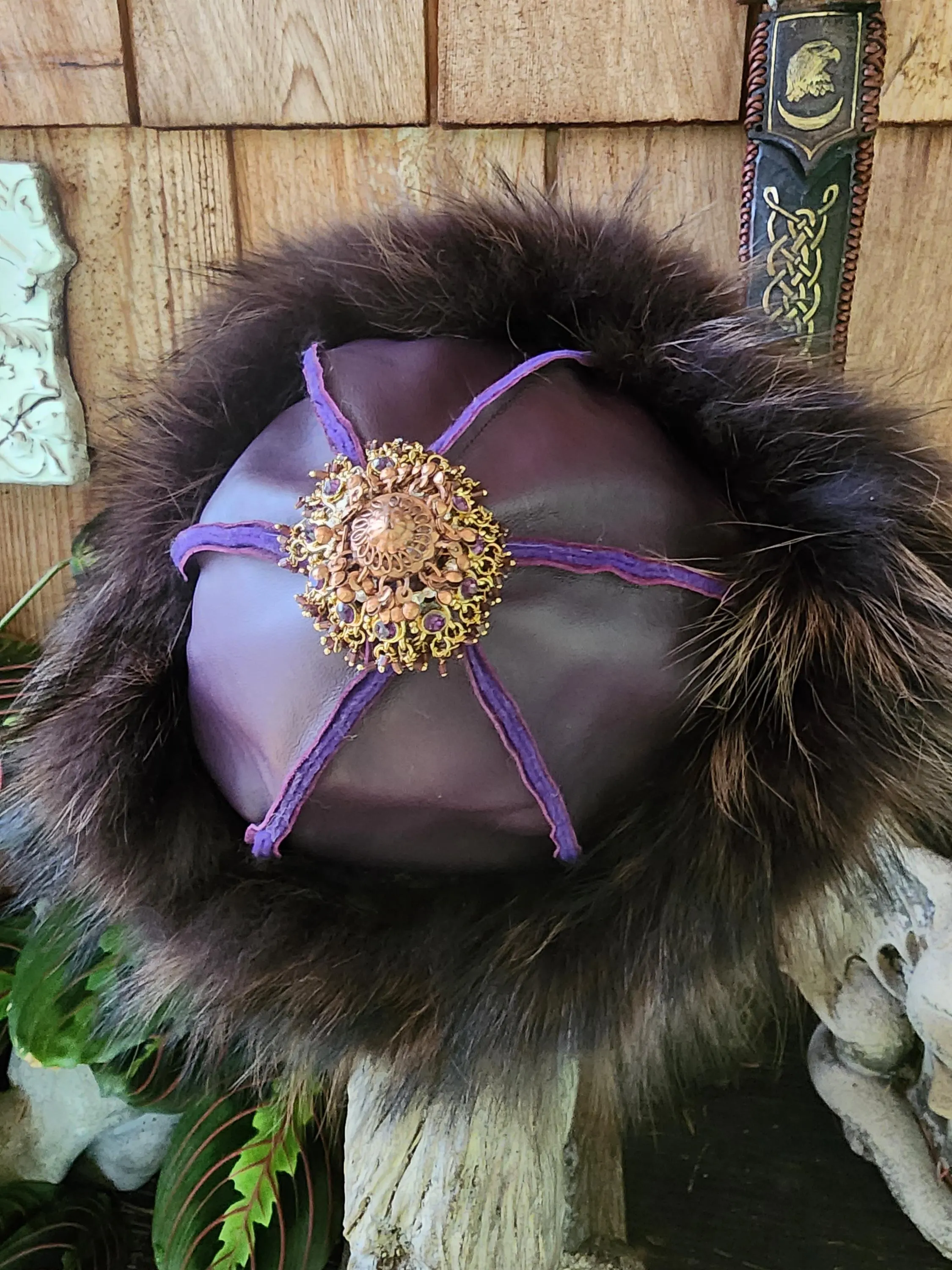 Mongolian, Cossack, Norse, Viking  style leather with black/purple fox fur