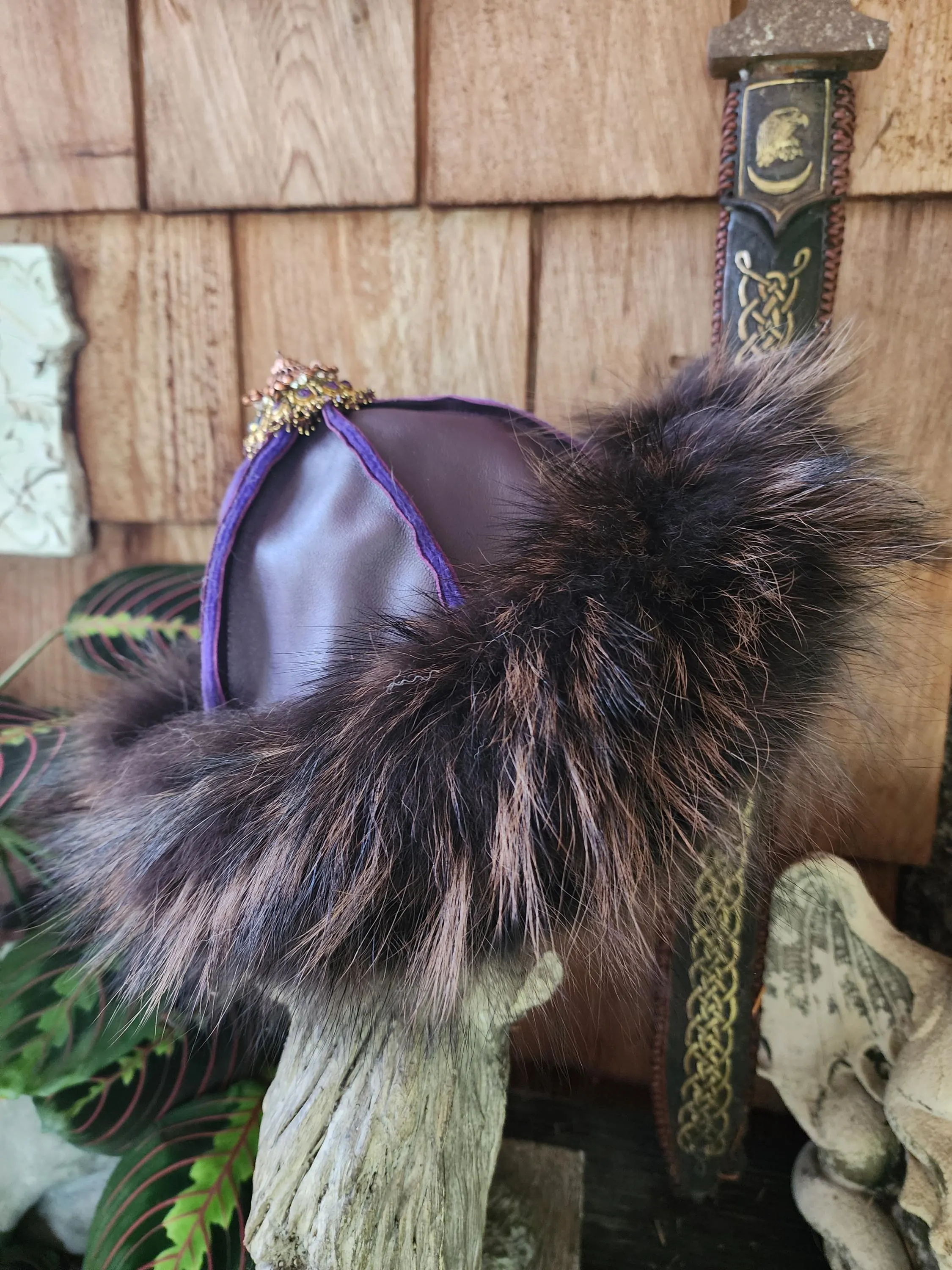 Mongolian, Cossack, Norse, Viking  style leather with black/purple fox fur