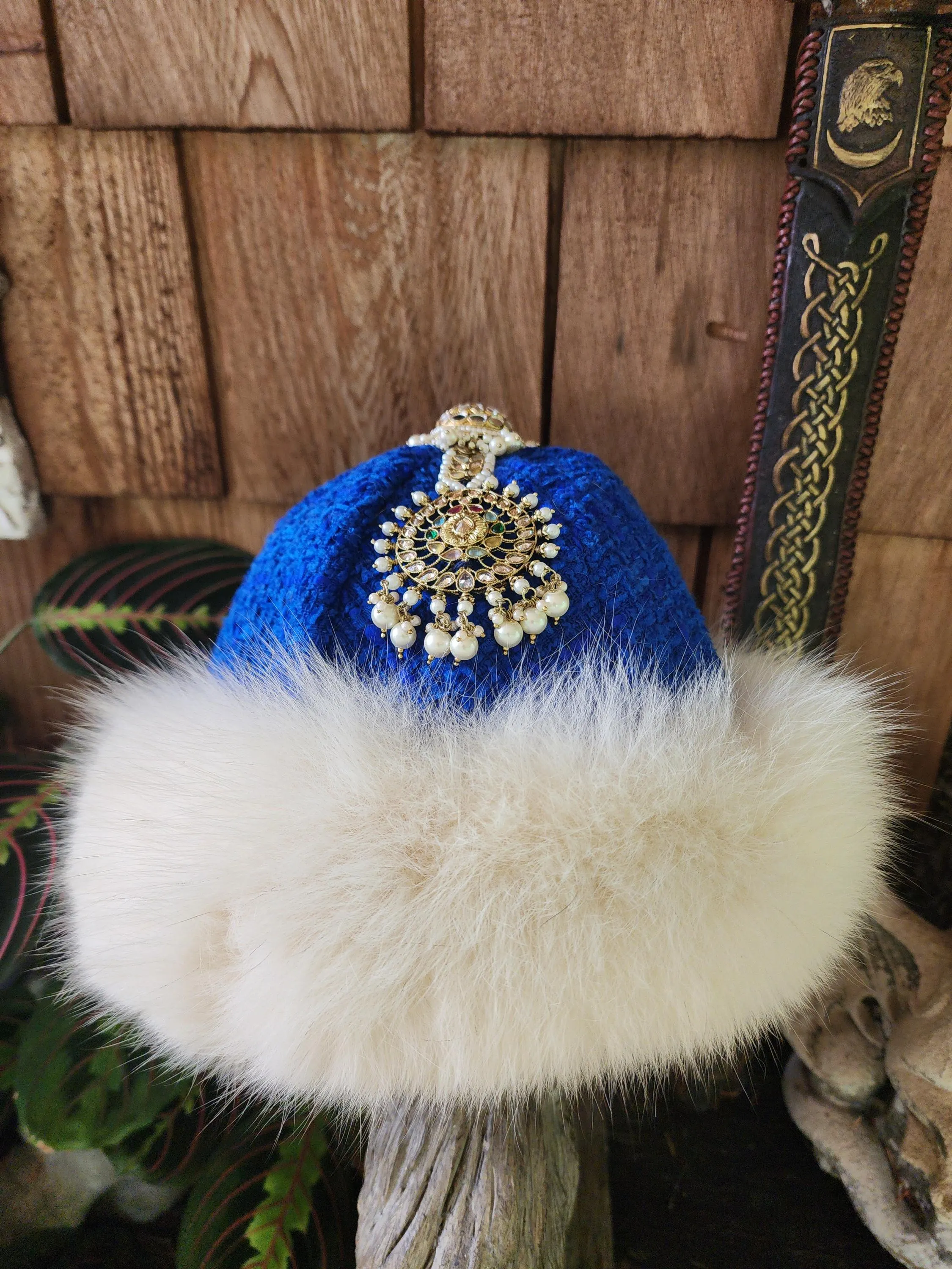 Handspun, hand dyed and woven blue wool and arctic fox fur