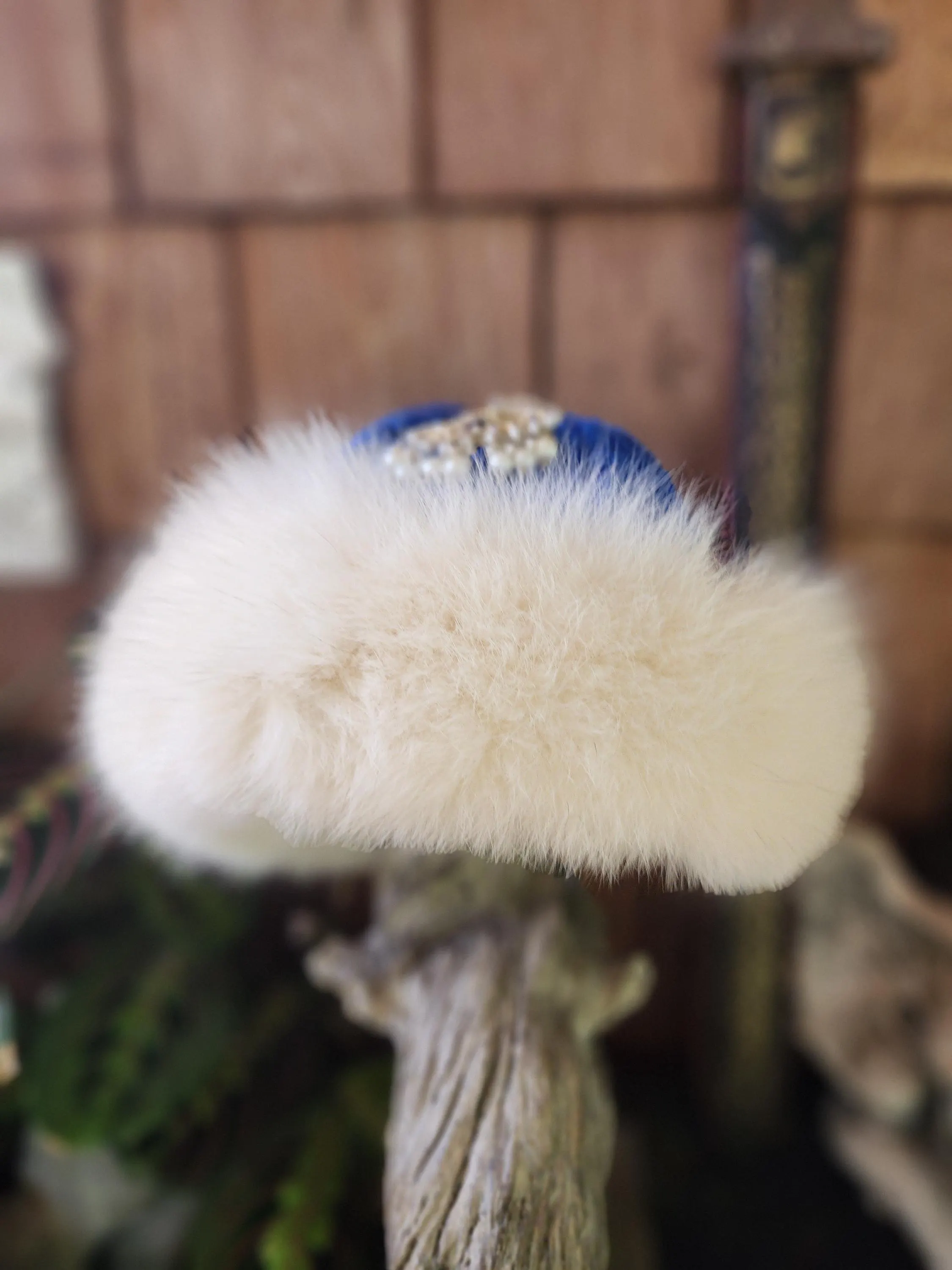 Handspun, hand dyed and woven blue wool and arctic fox fur