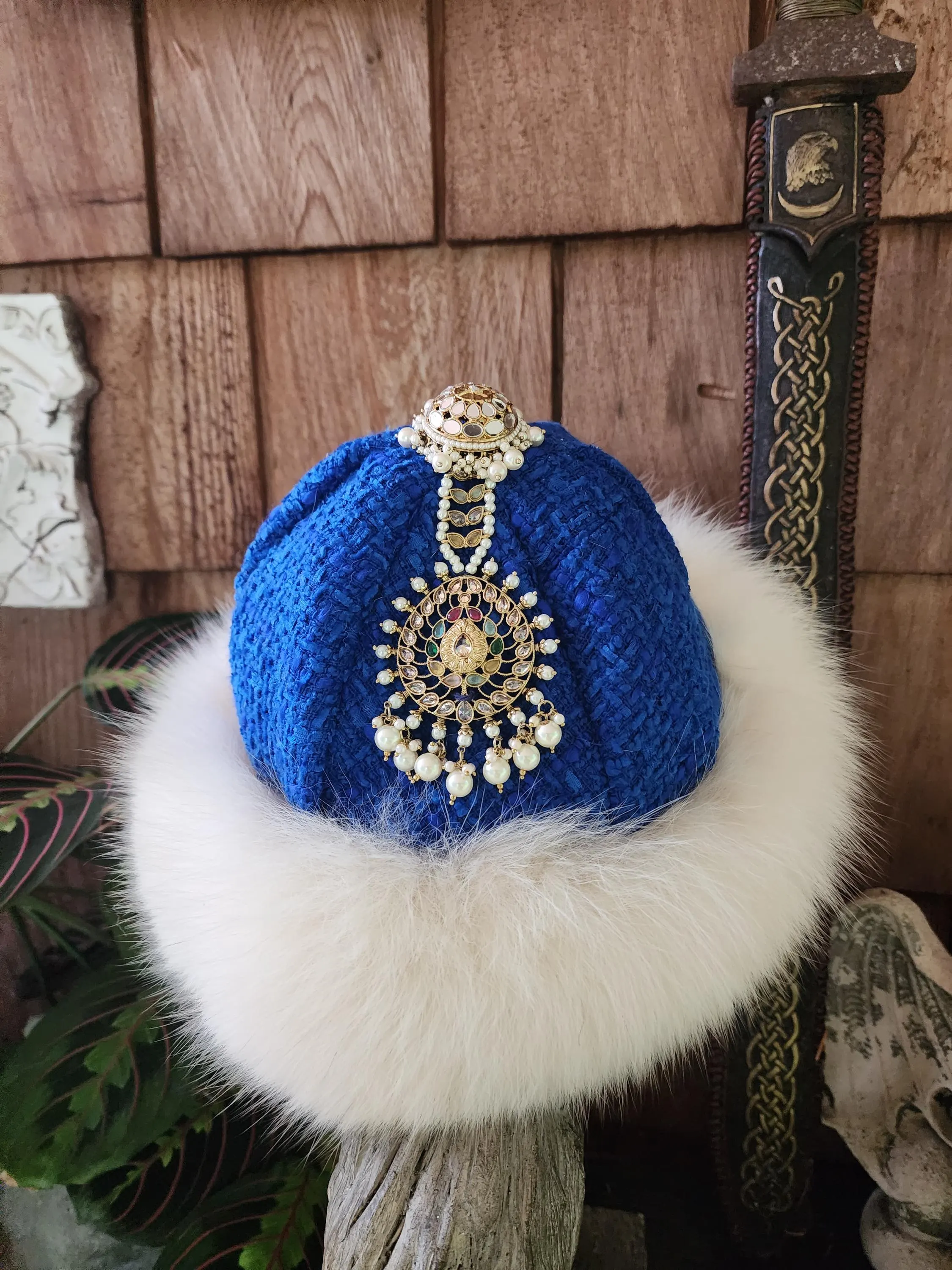 Handspun, hand dyed and woven blue wool and arctic fox fur