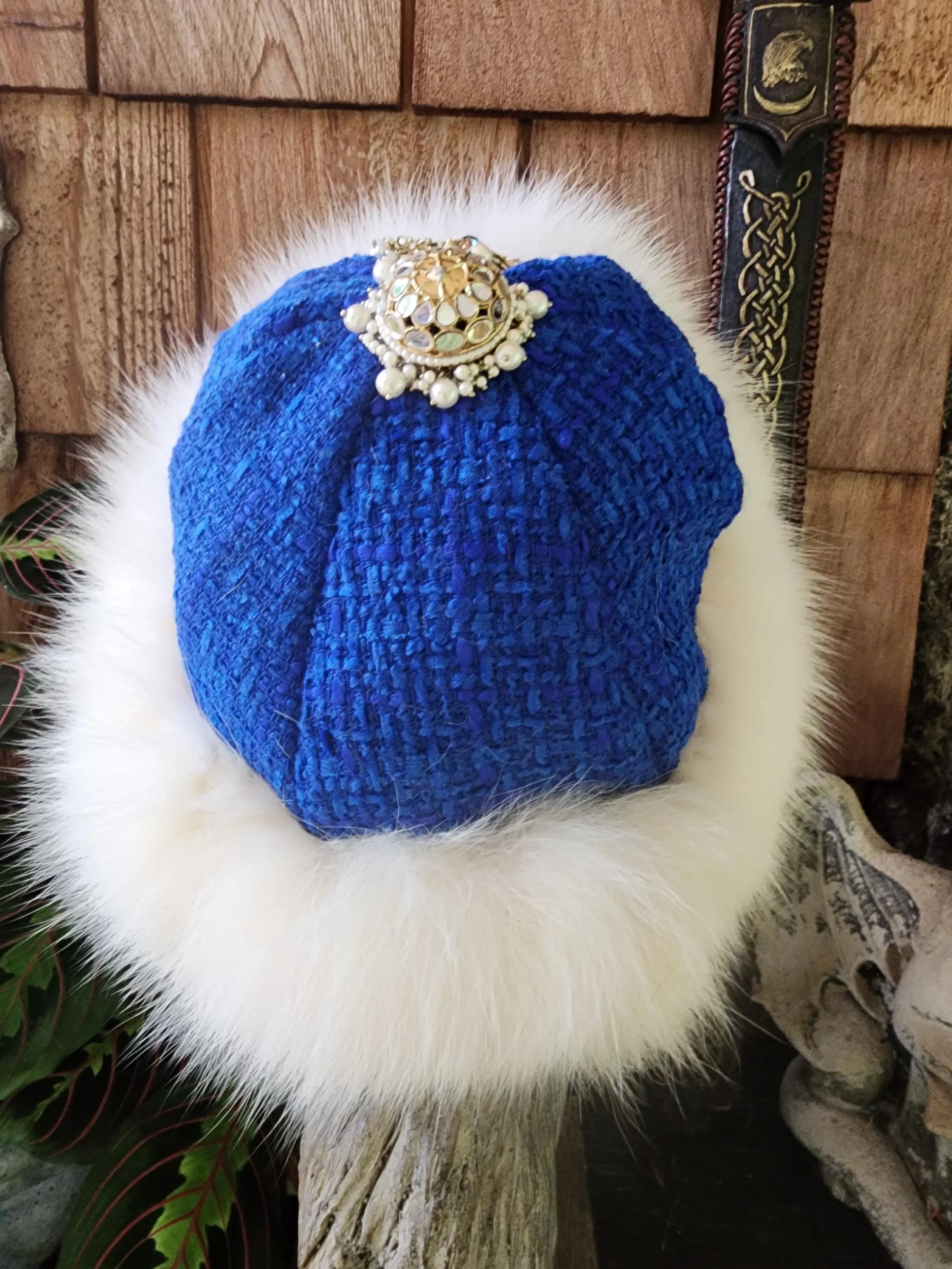 Handspun, hand dyed and woven blue wool and arctic fox fur