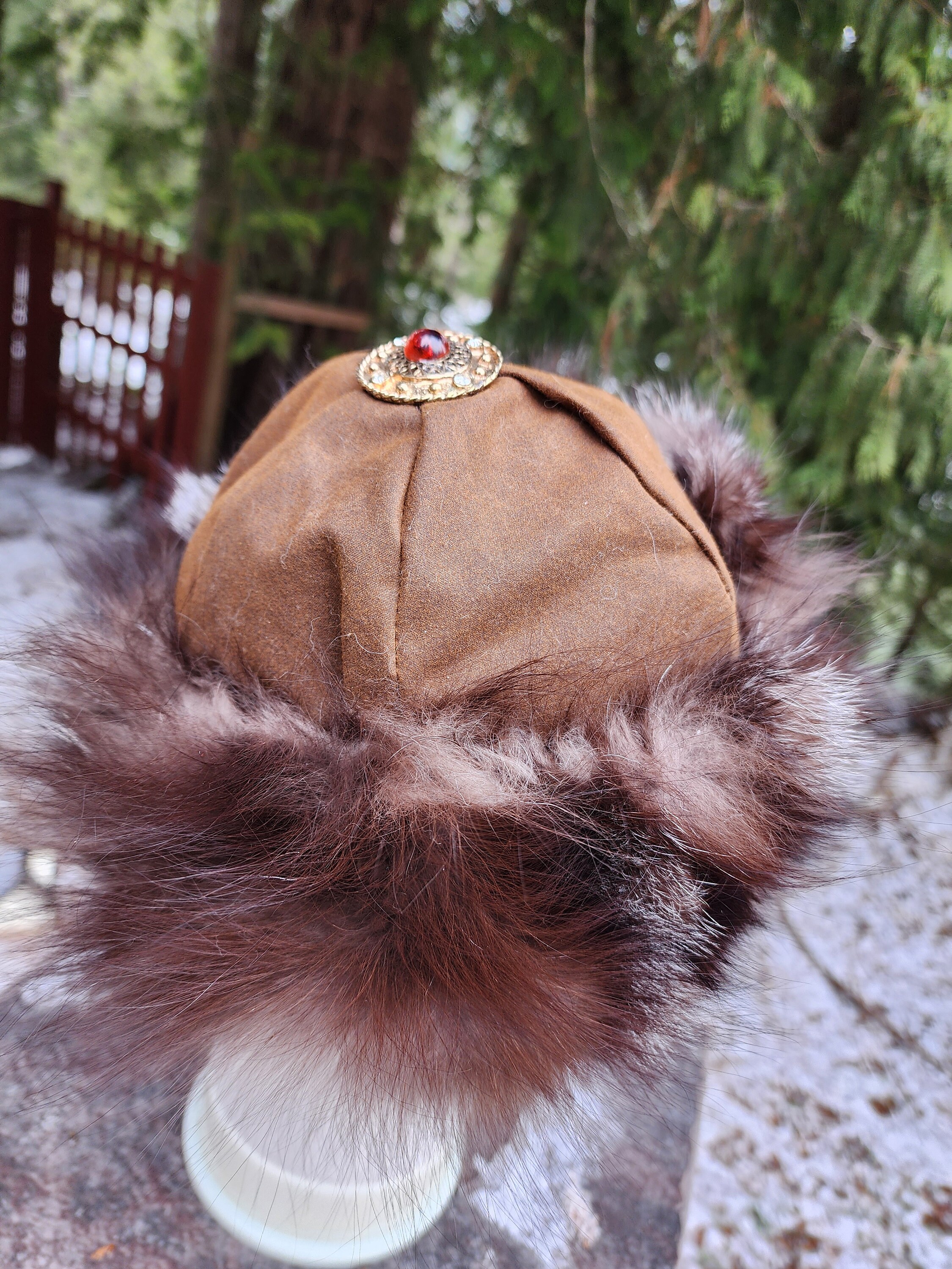 Mongolian, Cossack, Norse, Viking  style oil skin material with fox fur