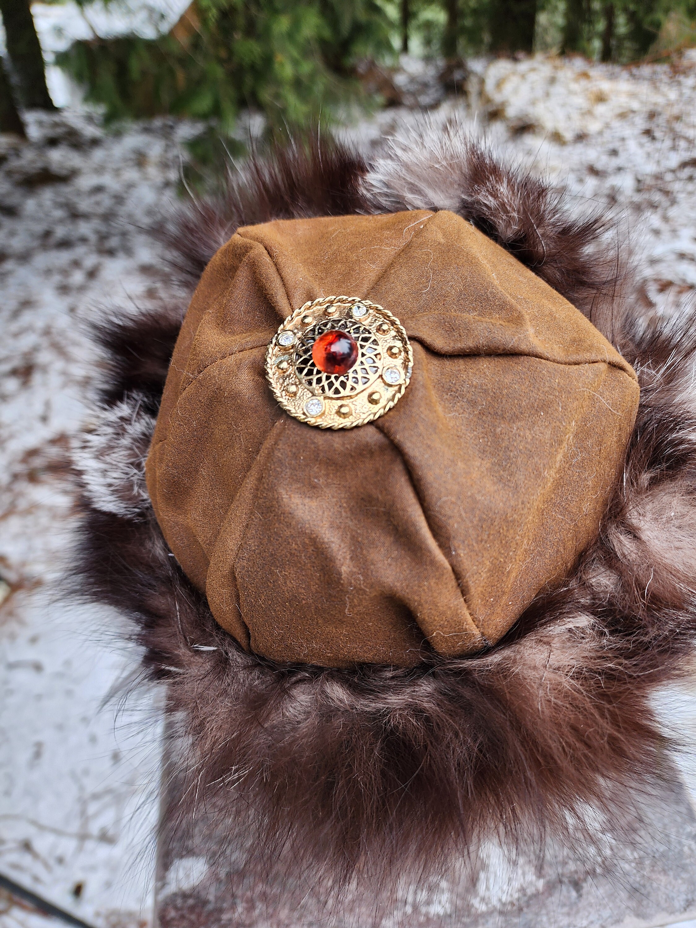 Mongolian, Cossack, Norse, Viking  style oil skin material with fox fur