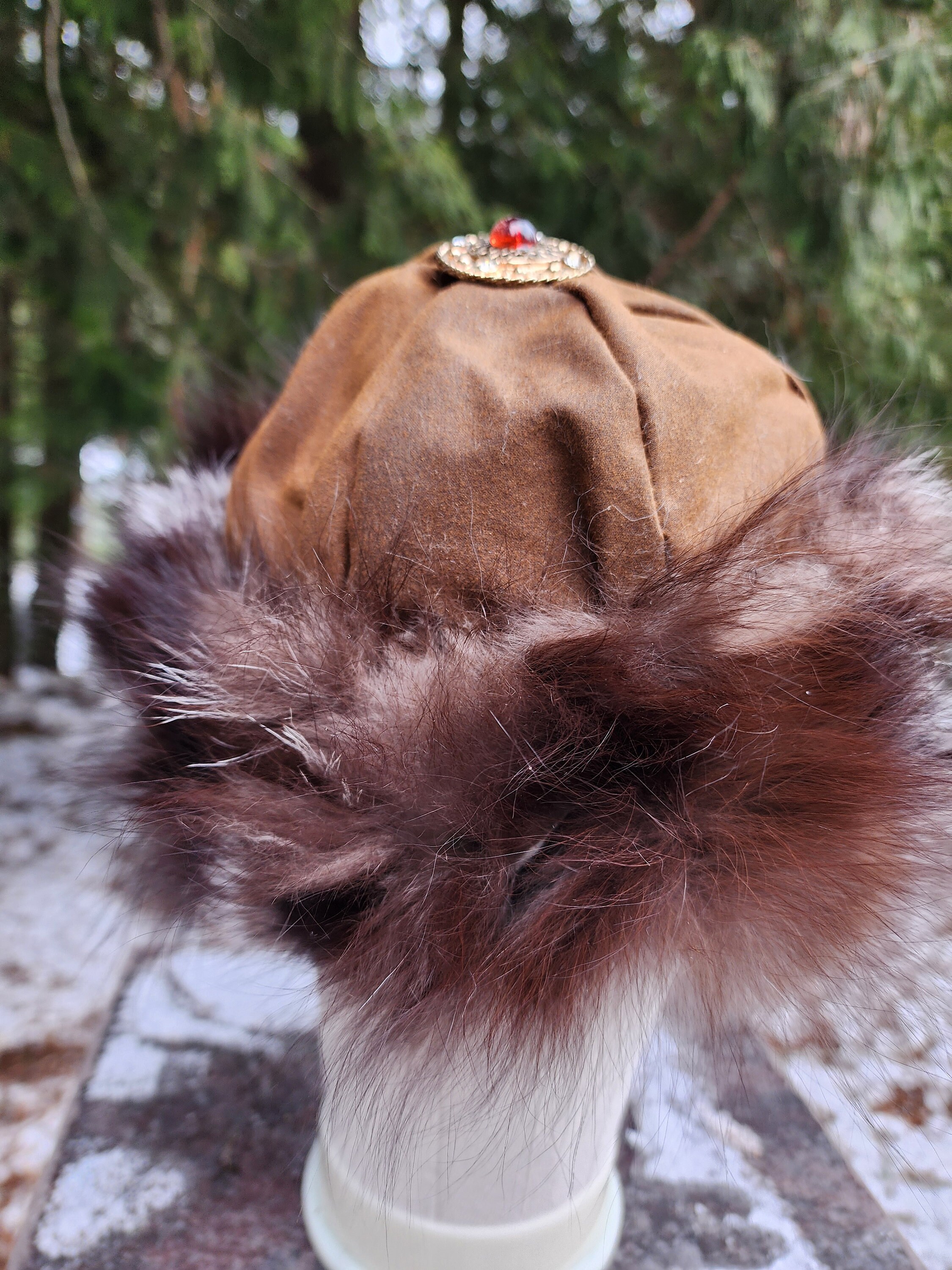 Mongolian, Cossack, Norse, Viking  style oil skin material with fox fur