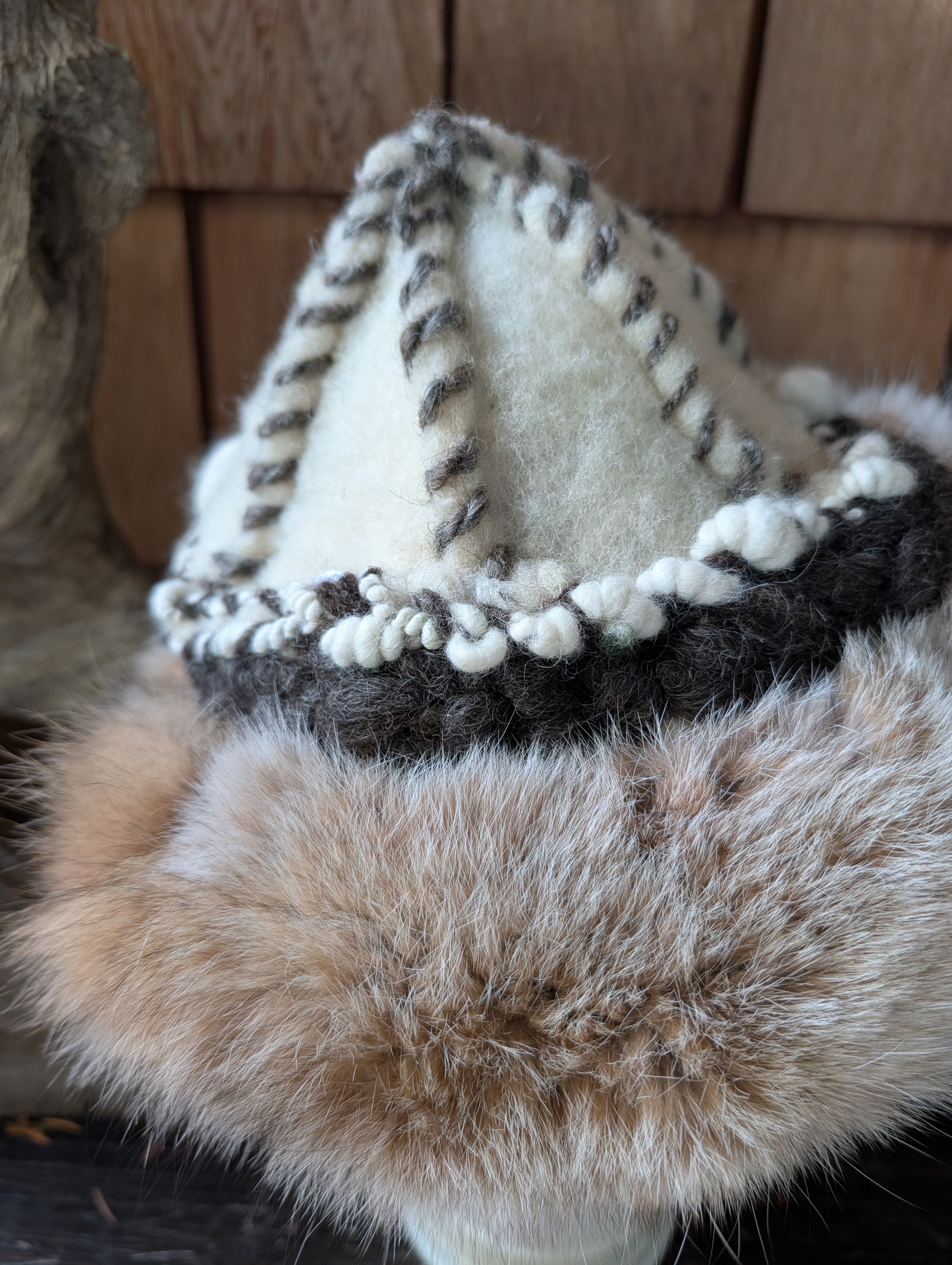 Handmade felted wool, handspun embroidery with reclaimed fur