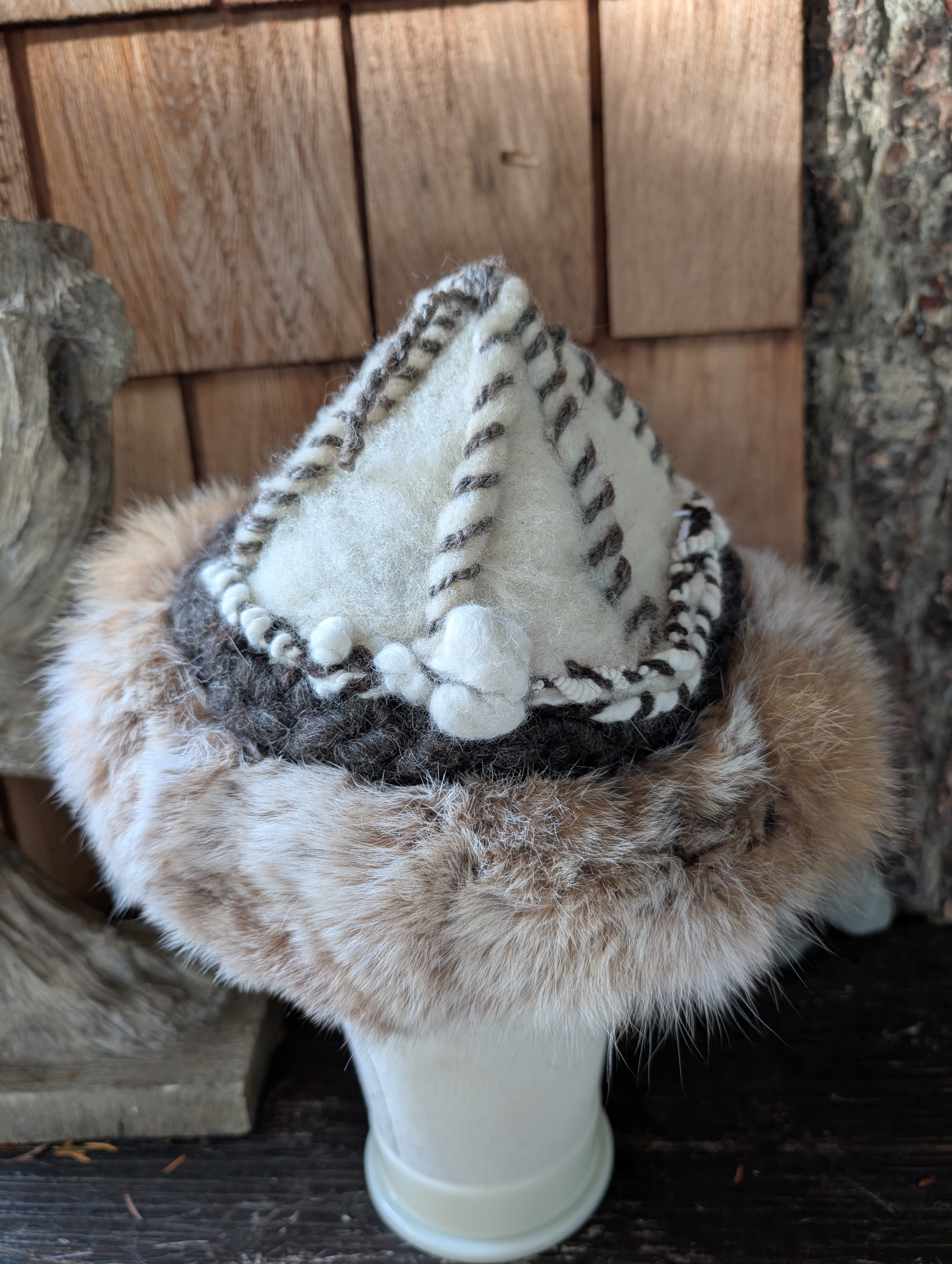 Handmade felted wool, handspun embroidery with reclaimed fur