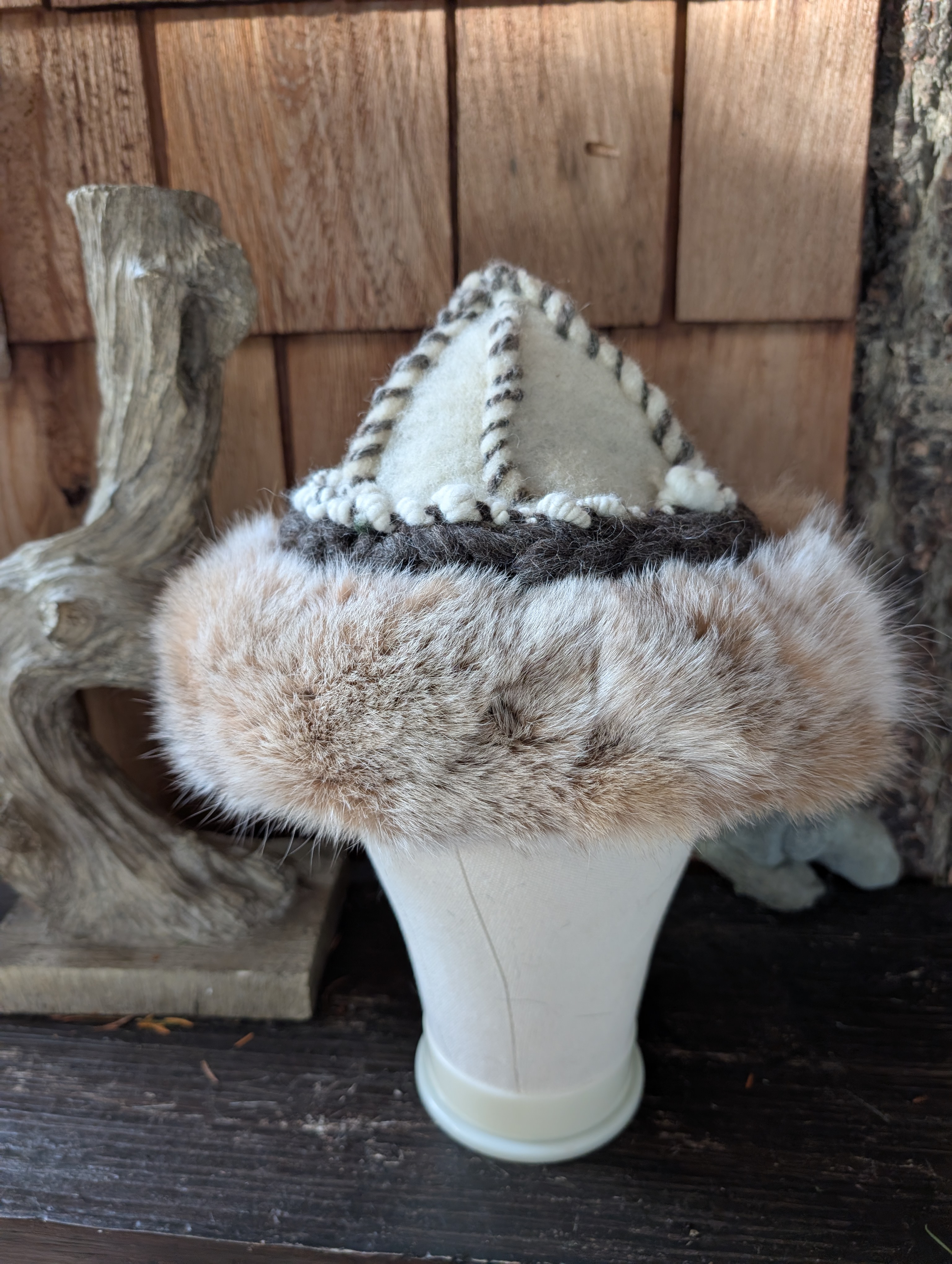 Handmade felted wool, handspun embroidery with reclaimed fur