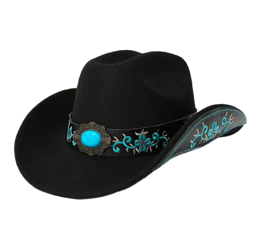 Ladies black cowboy hat with turquoise embellishments