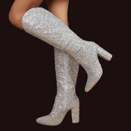 Glitter Knee-High Boots Silver 