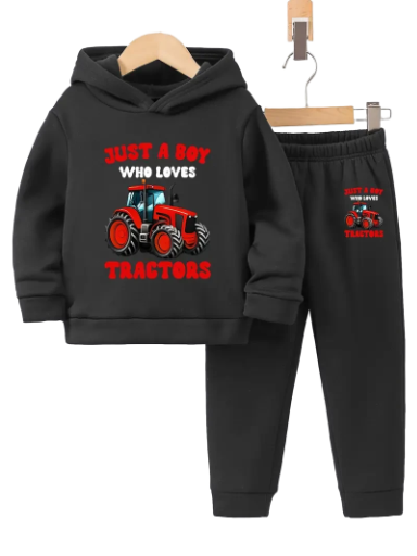 Children's Tractor-Themed Hoodie and Pants Set Black