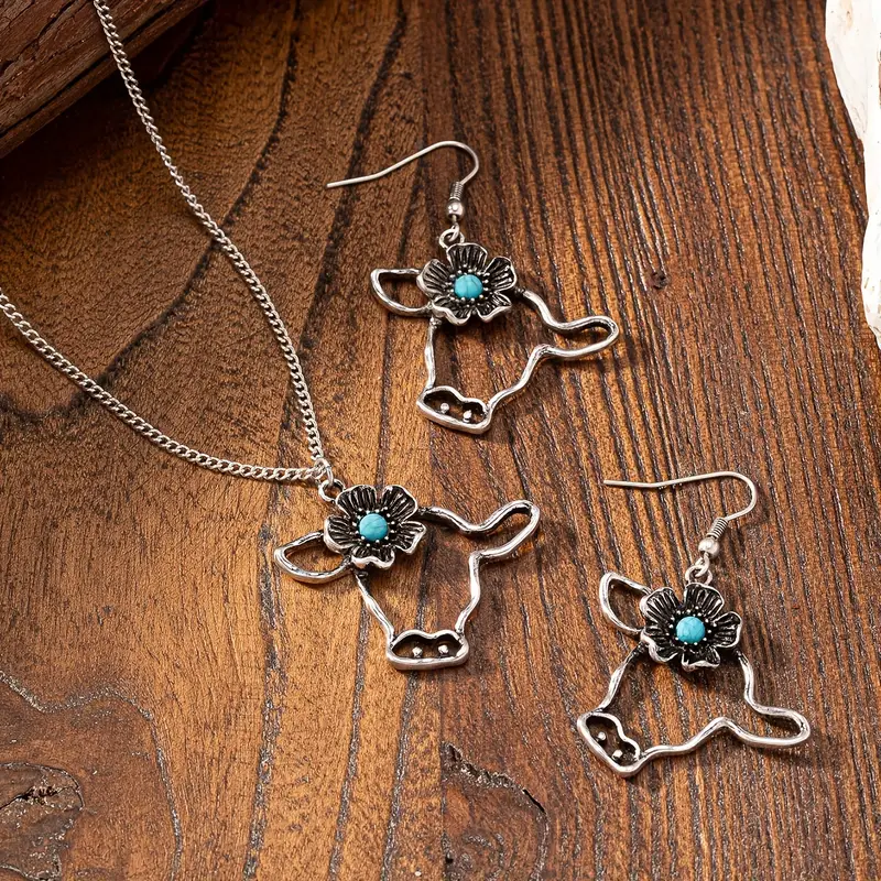 Cow Pendant Necklace and Earrings Set
