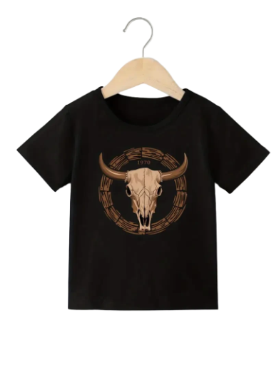 Boys Black T-Shirt with Bull Skull Design