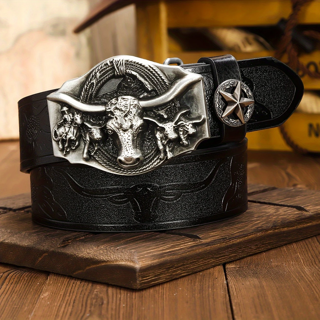  Mens Cowboy Belt with Longhorn Buckle