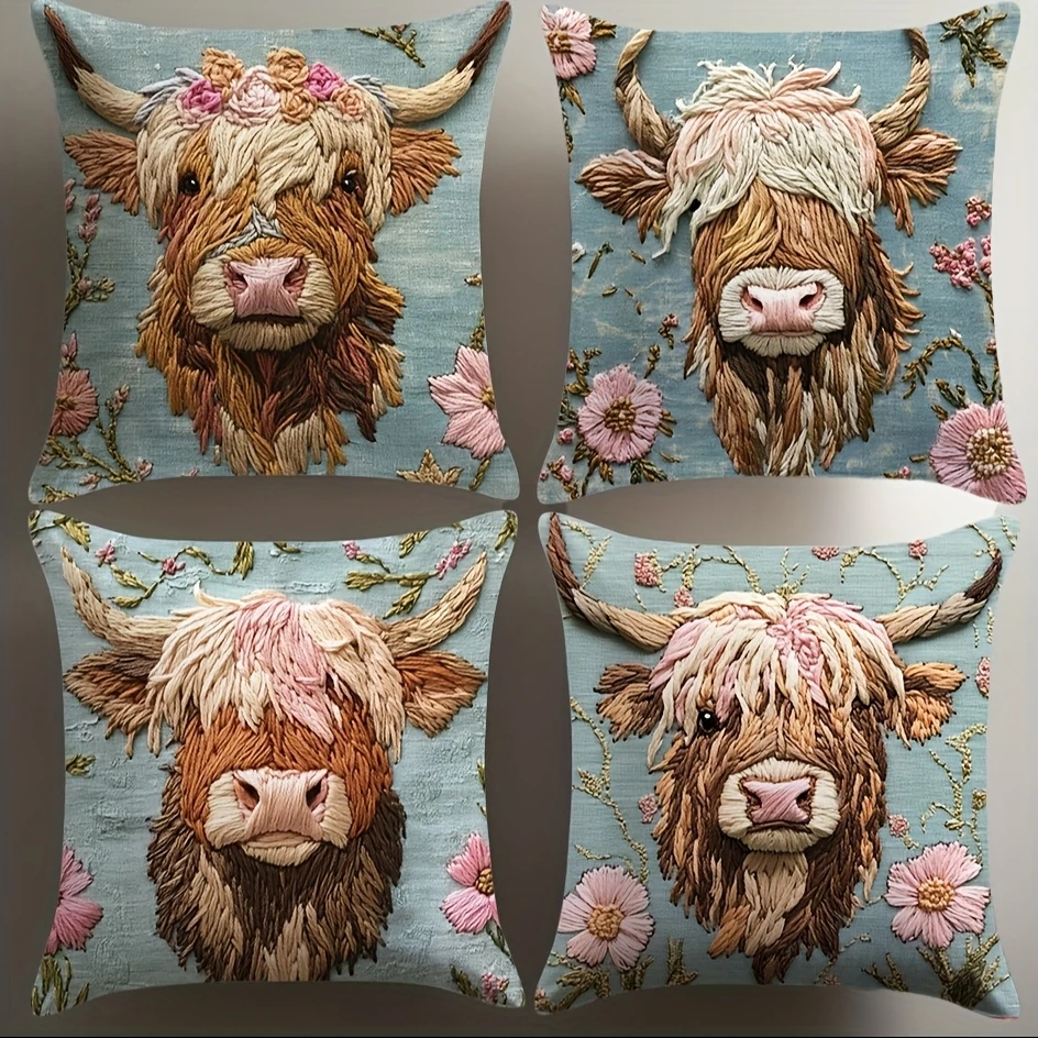 Embroidered Highland Cow Pillows