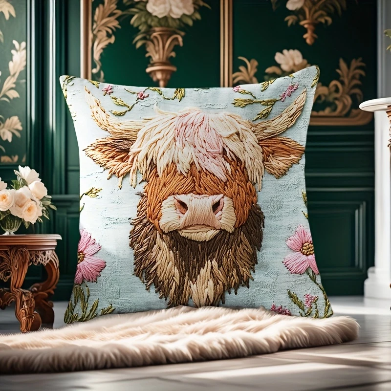 Embroidered Highland Cow Pillows