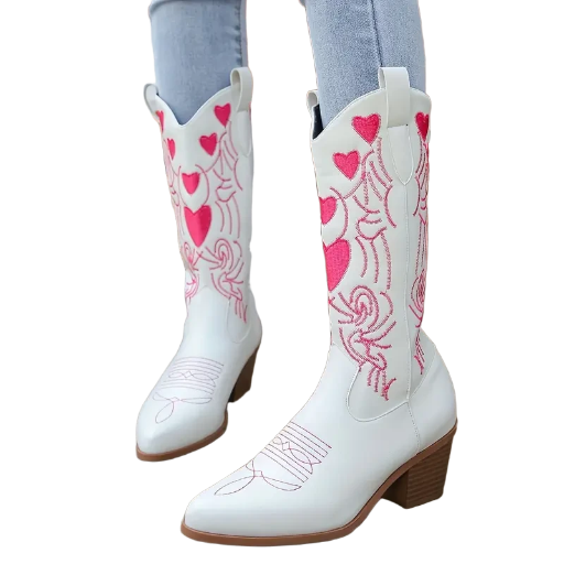 White Cowboy Boots with Heart Design