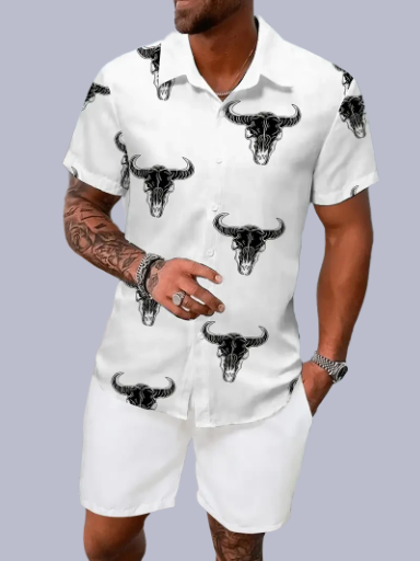 Men's Bull Print Button Up Shirt 