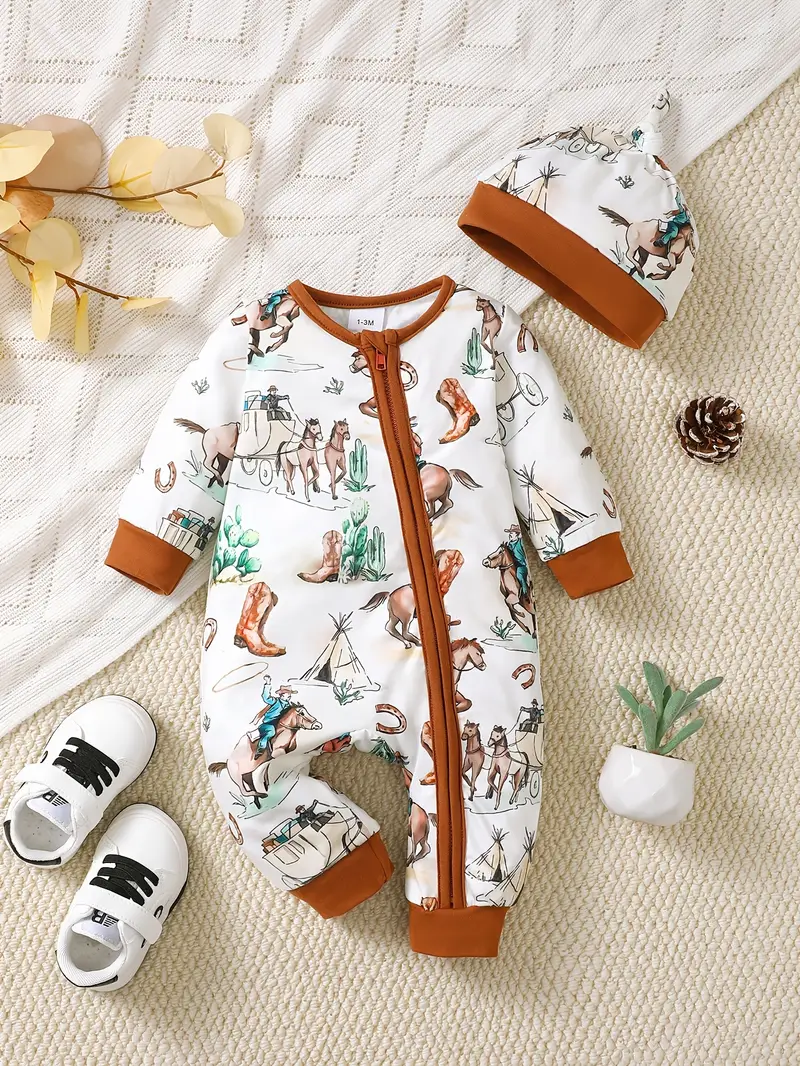 Infant Printed Romper and Hat Set