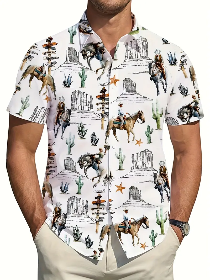 Western Cowboy Print Short Sleeve Button Up Shirt