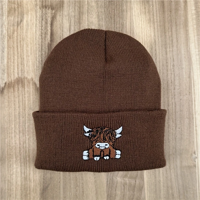 Brown Beanie with Embroidered Cow Design
