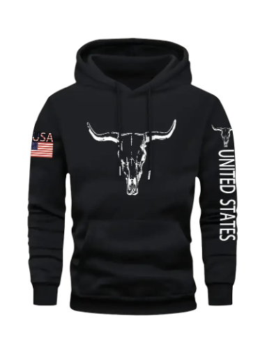 Black Hoodie with Longhorn Skull Design