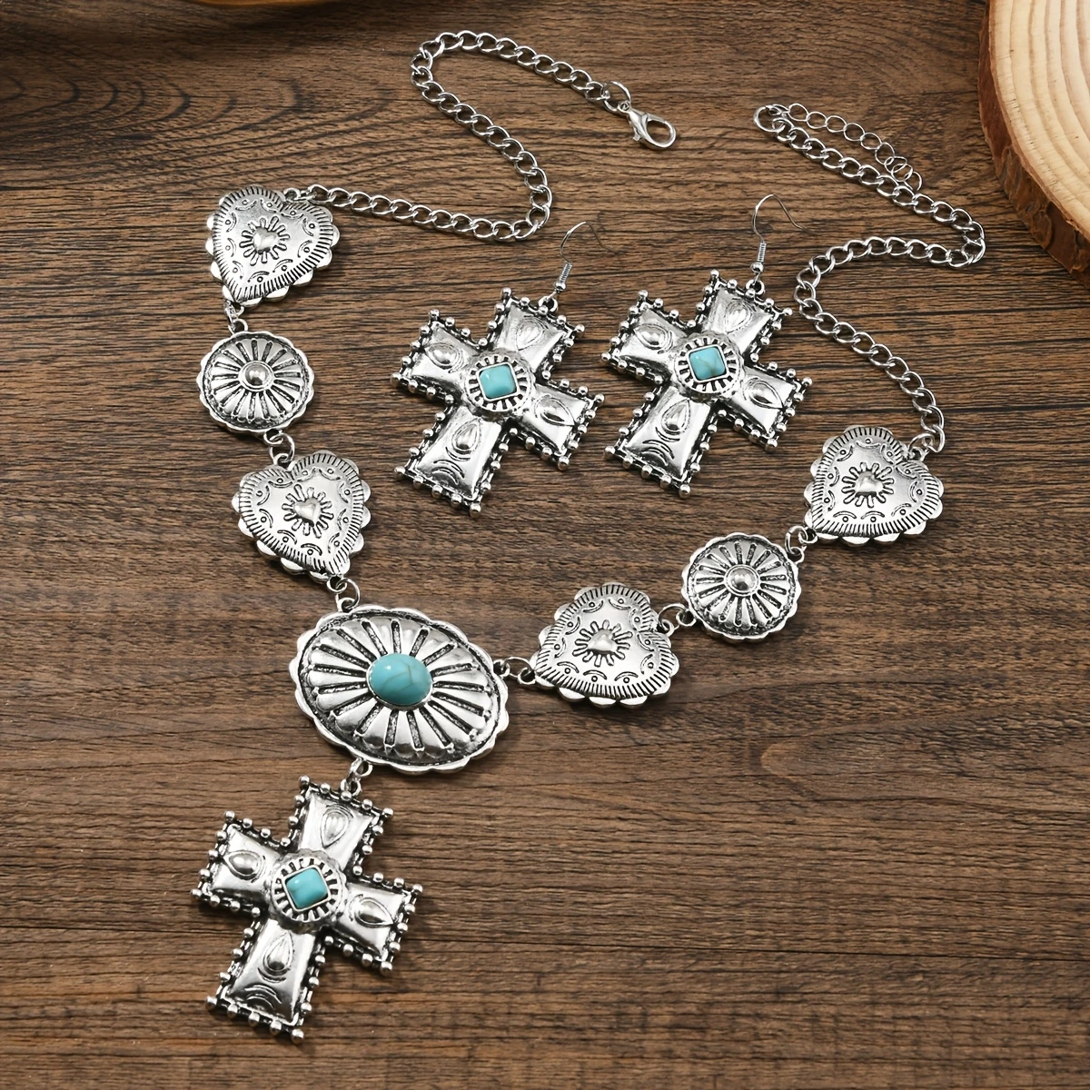 Turquoise Cross Necklace and Earring Set