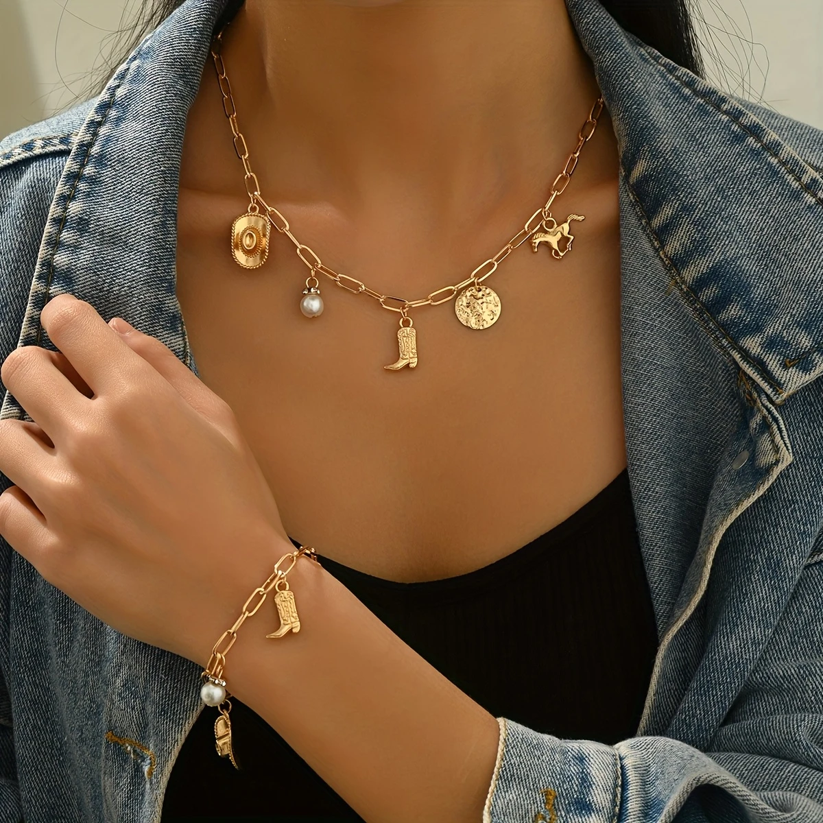 Gold Charm Necklace and Bracelet Set